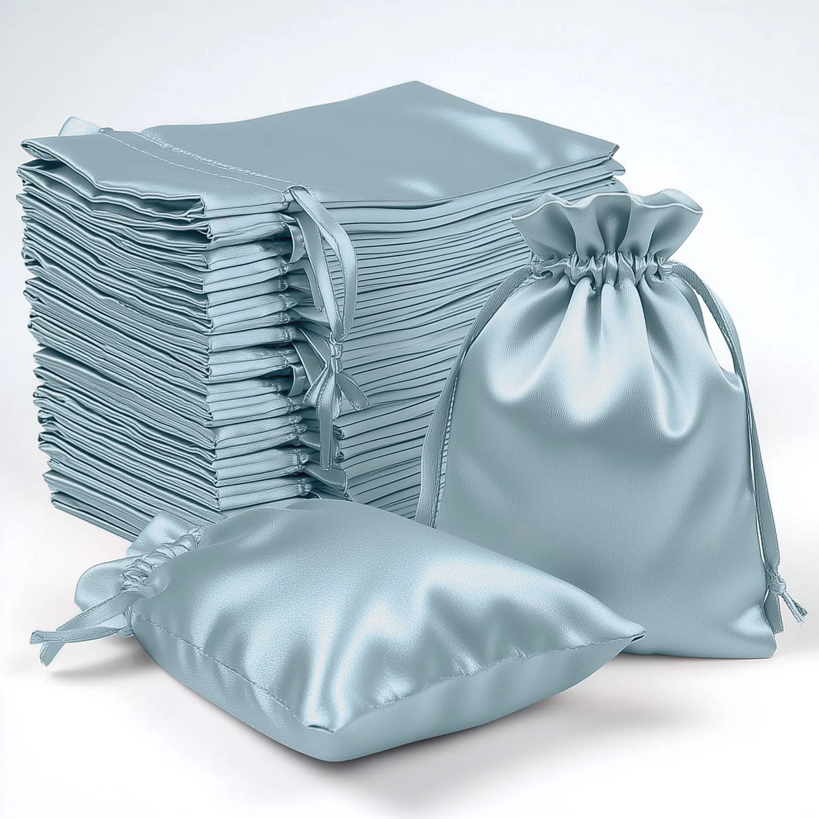 60 Pack 4"x6" Dusty Blue Satin Wedding Party Favor Bags, Drawstring Pouch Gift Bags