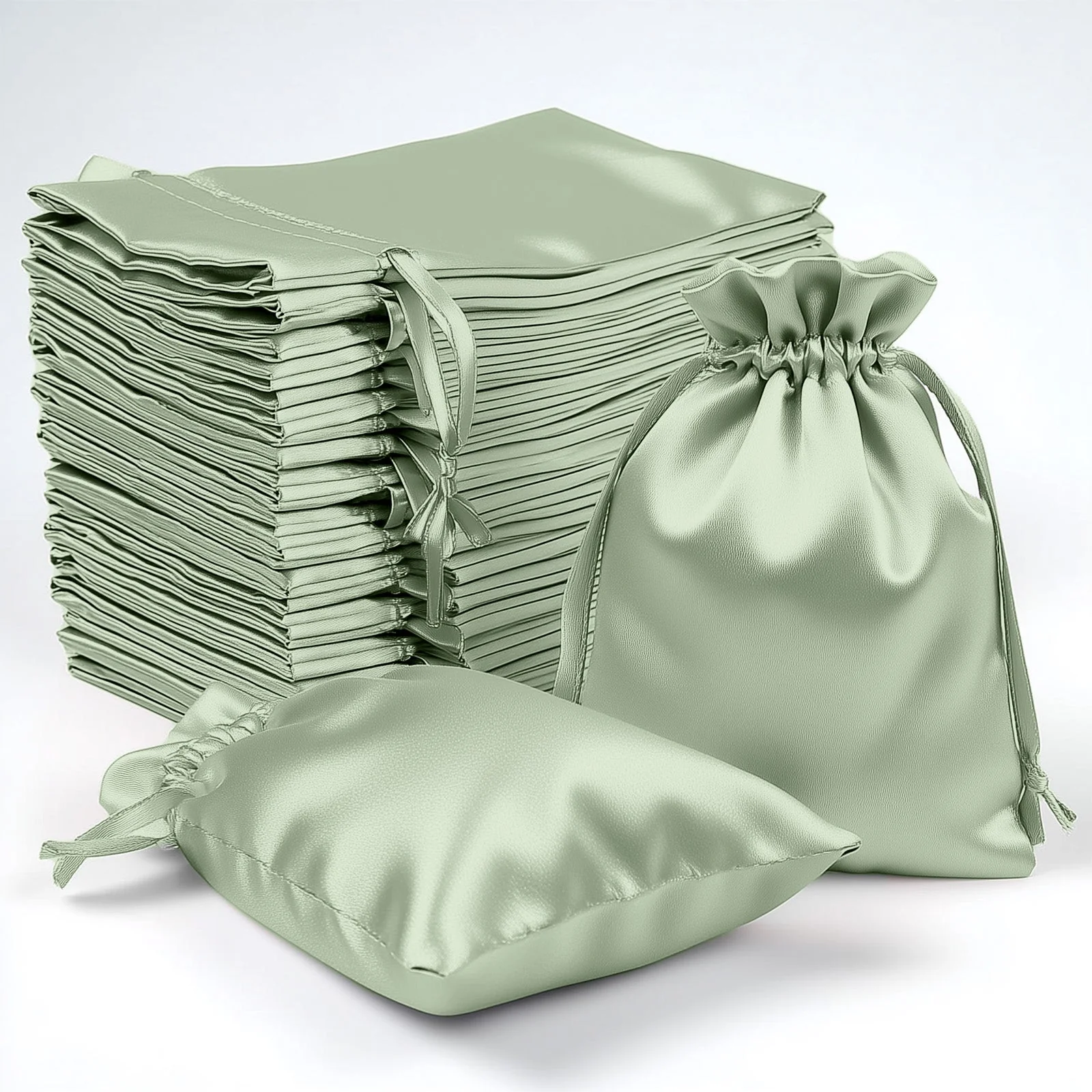 60 Pack 4"x6" Sage Green Satin Wedding Party Favor Bags, Drawstring Pouch Gift Bags