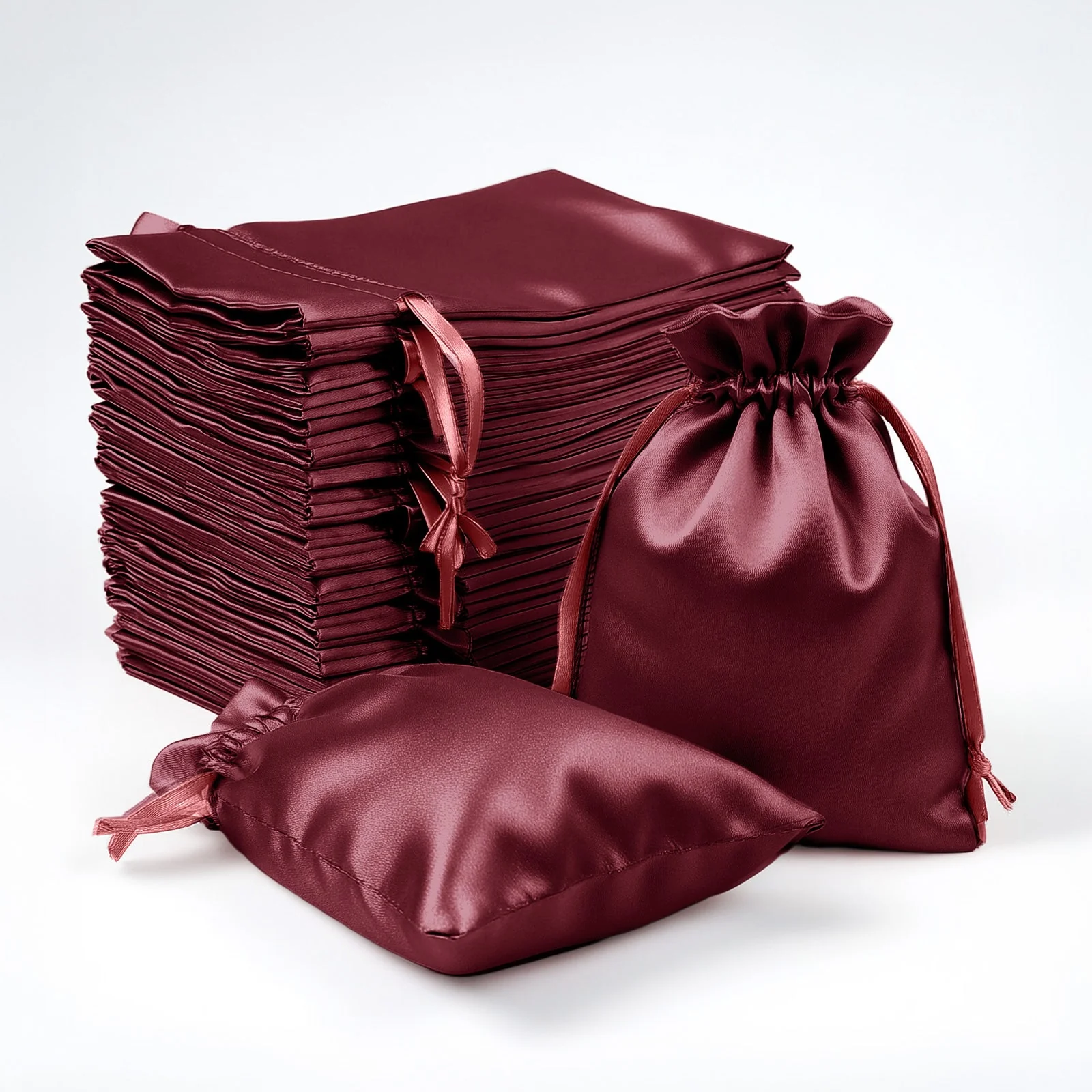 60 Pack Satin Drawstring Favor Gift Bags, Burgundy 3"x4" Jewelry & Candy Bags for Weddings & Parties