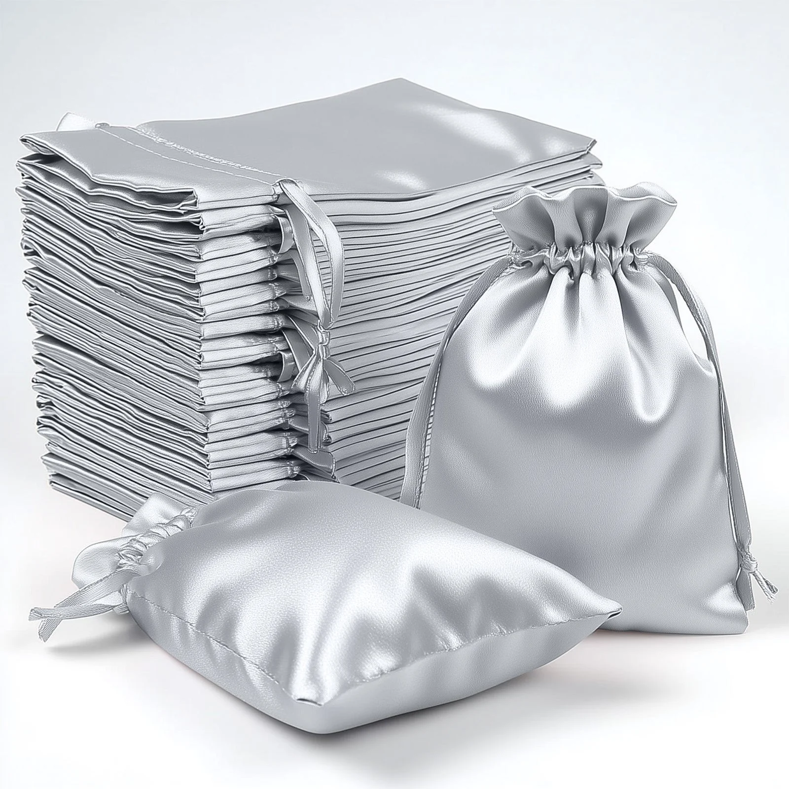 60 Pack 4"x6" Silver Satin Wedding Party Favor Bags, Drawstring Pouch Gift Bags
