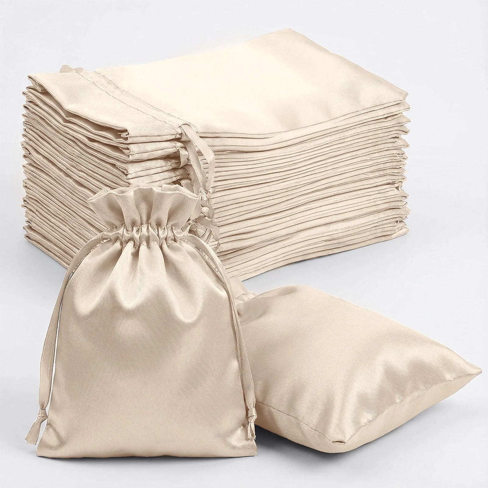 60 Pack 5"x7" Beige Satin Drawstring Wedding Party Favor Gift Bags - Image 5