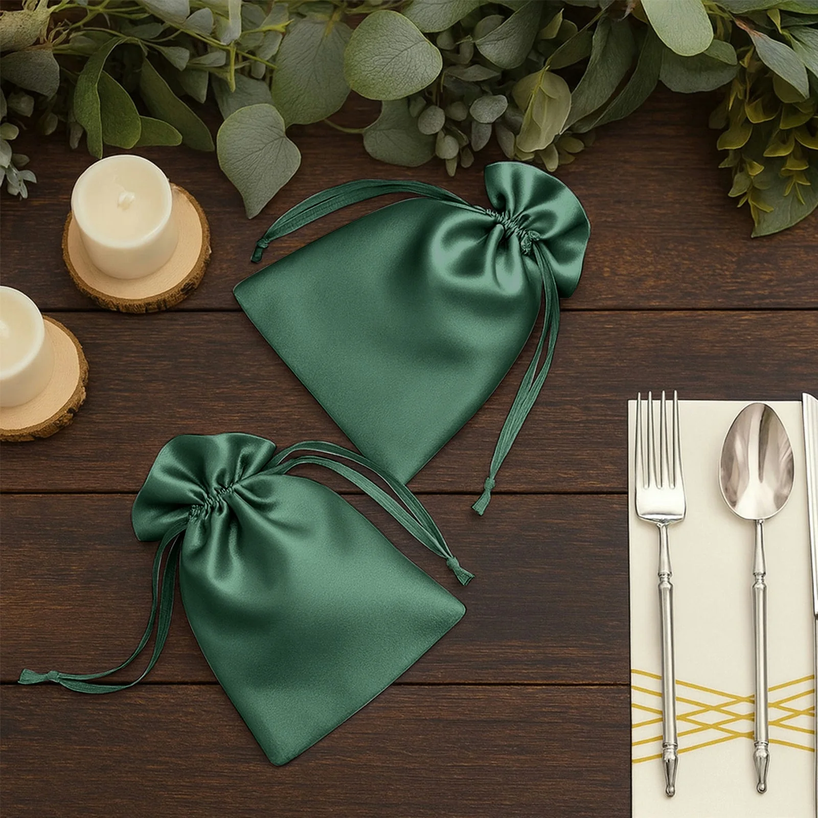 60 Pack 5"x7" Hunter Emerald Green Satin Drawstring Wedding Party Favor Gift Bags - Image 6