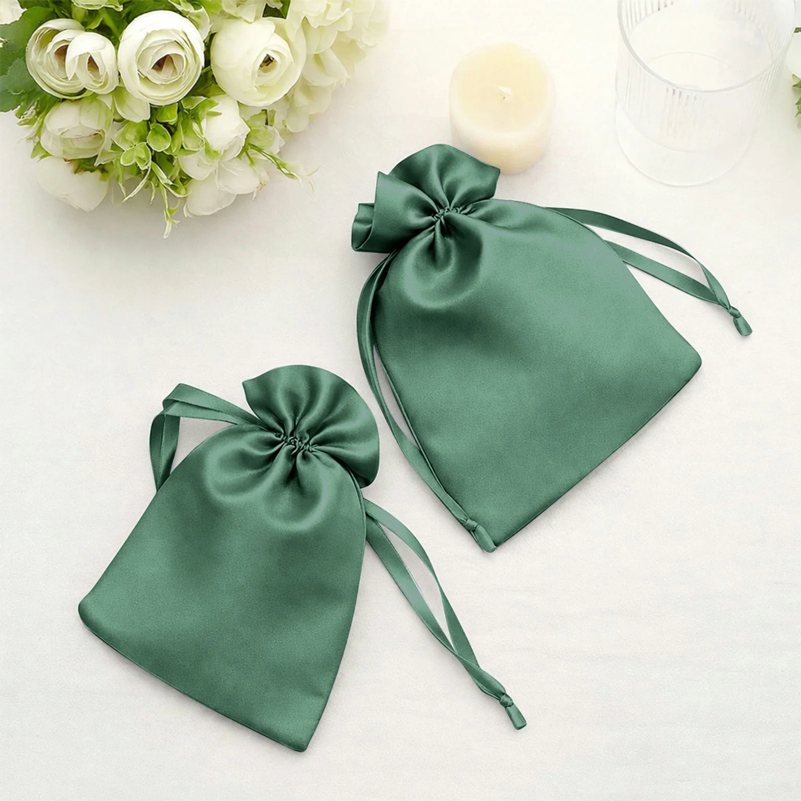 60 Pack 5"x7" Hunter Emerald Green Satin Drawstring Wedding Party Favor Gift Bags - Image 7