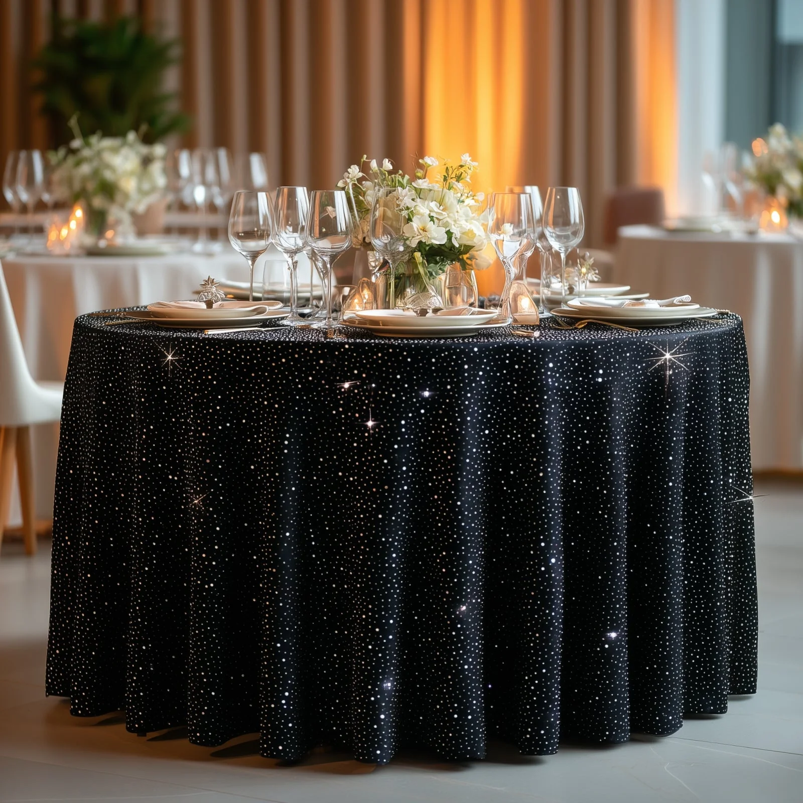 Scuba Round Tablecloth 120″ Black with Rhinestone Accents – Seamless, Wrinkle-Free, Stain-Resistant Event Linen - Image 5