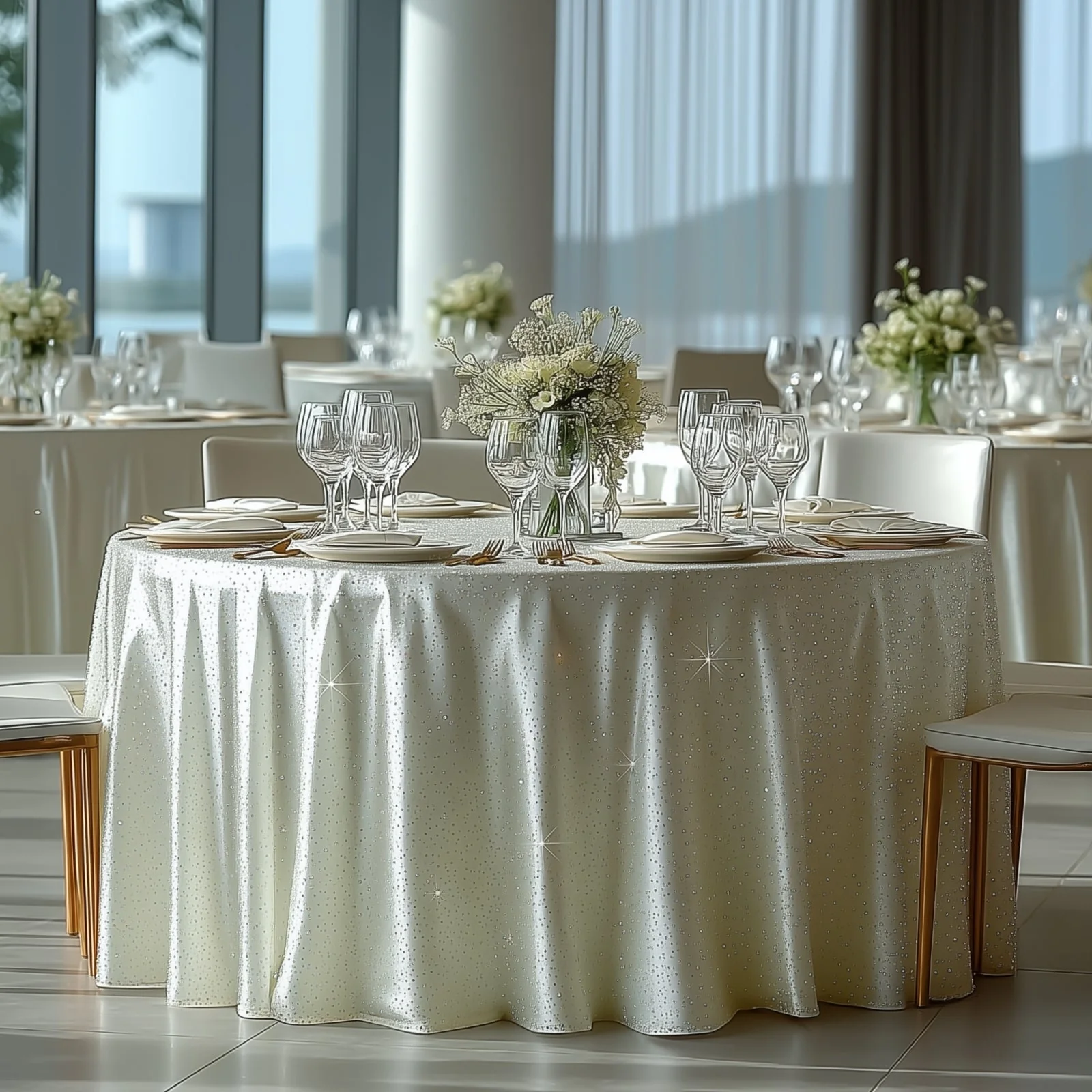 Scuba Round Tablecloth 120″ Pearl White with Rhinestone Accents – Seamless, Wrinkle-Free, Stain-Resistant Event Linen - Image 5