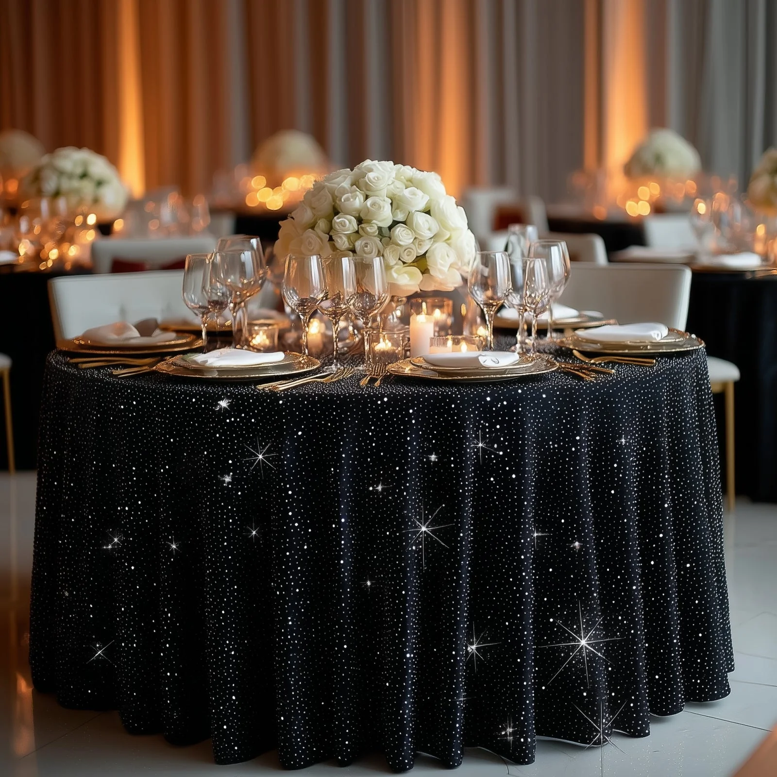 Scuba Round Tablecloth 132″ Black with Rhinestone Accents – Seamless, Wrinkle-Free, Stain-Resistant Event Linen - Image 5