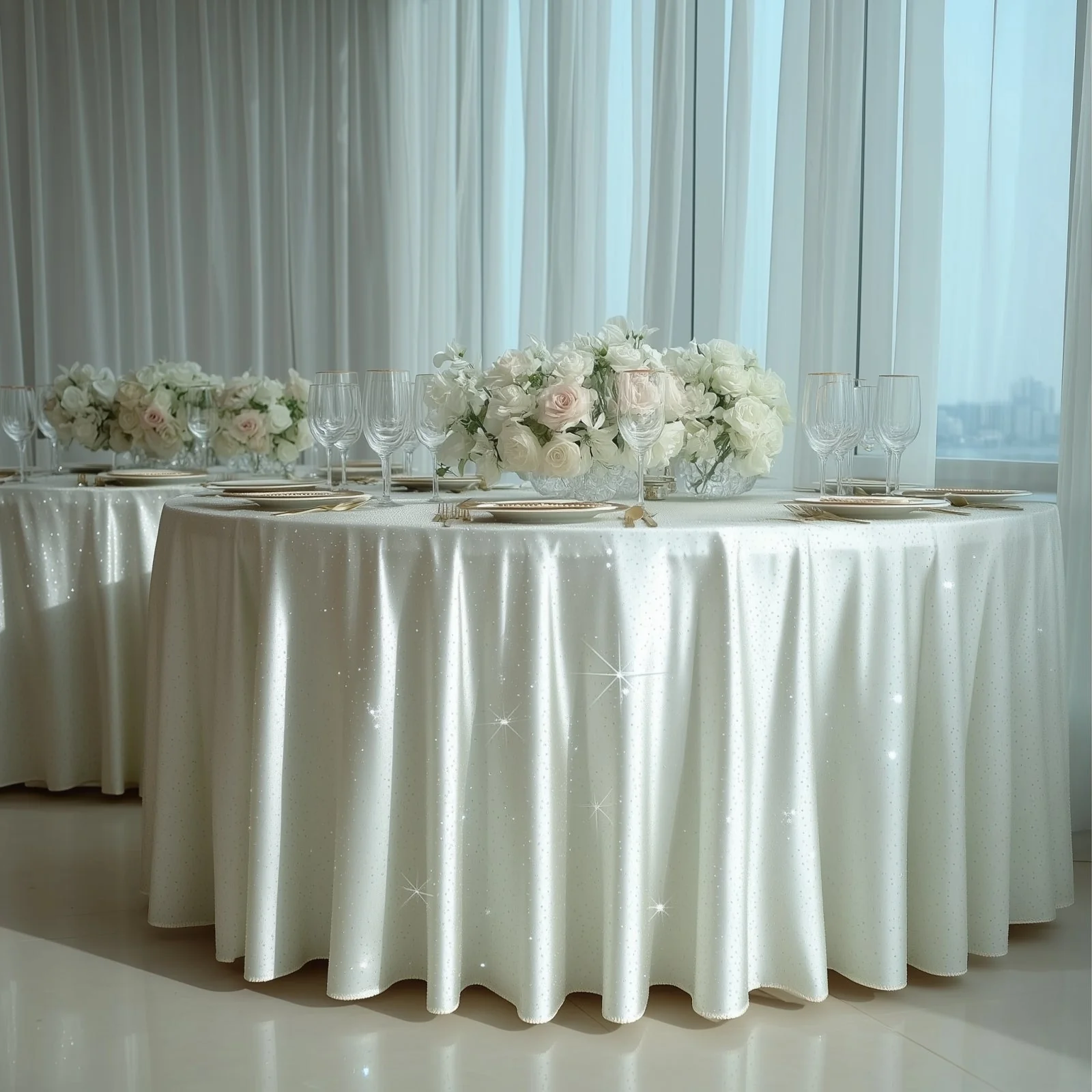 Scuba Round Tablecloth 132″ Pearl White with Rhinestone Accents – Seamless, Wrinkle-Free, Stain-Resistant Event Linen - Image 5