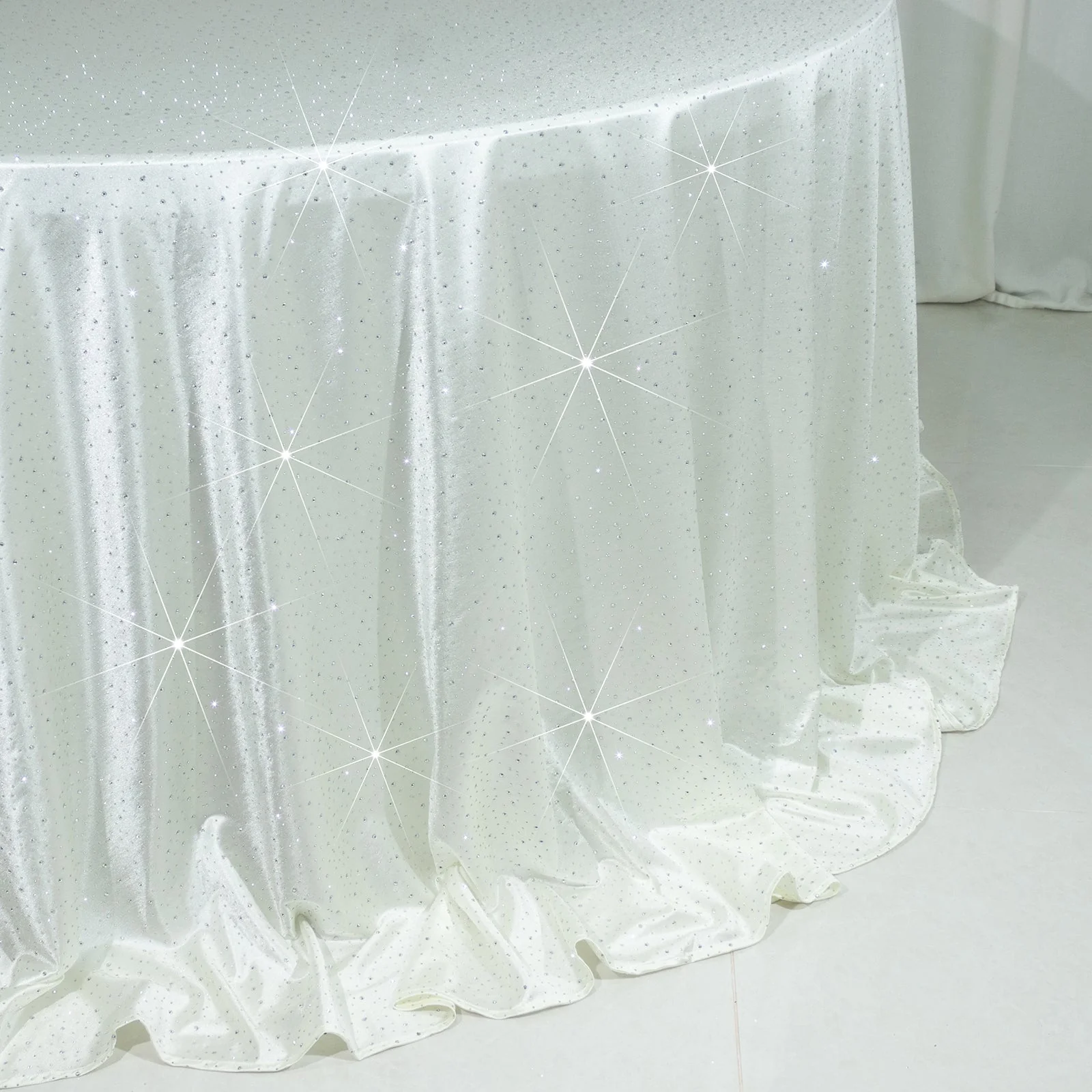 Scuba Round Tablecloth 132″ Pearl White with Rhinestone Accents – Seamless, Wrinkle-Free, Stain-Resistant Event Linen - Image 6
