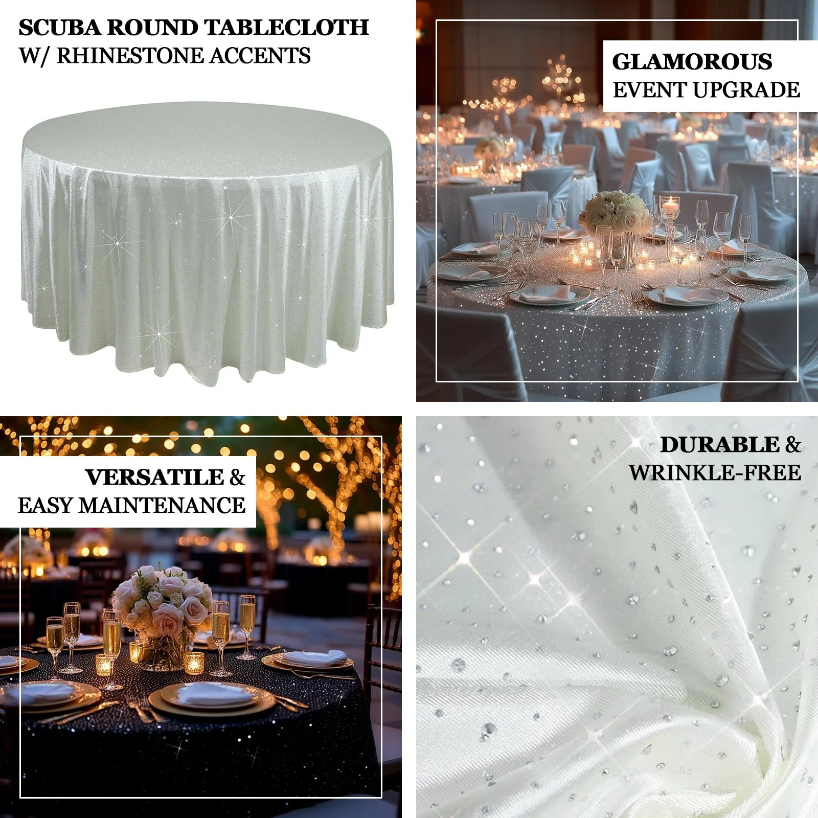 Scuba Round Tablecloth 132″ White with Rhinestone Accents – Seamless, Wrinkle-Free, Stain-Resistant Event Linen - Image 3