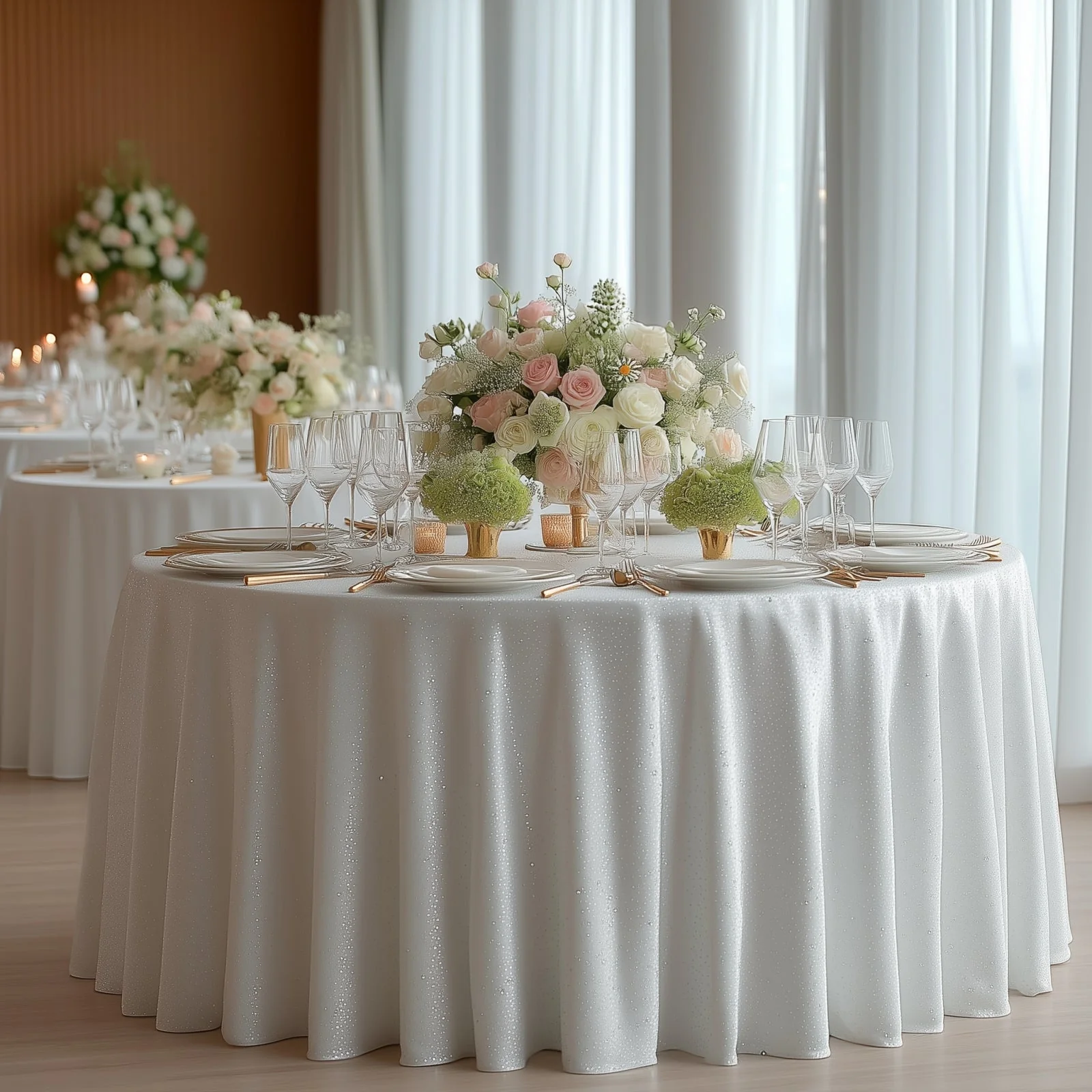Scuba Round Tablecloth 132″ White with Rhinestone Accents – Seamless, Wrinkle-Free, Stain-Resistant Event Linen - Image 5
