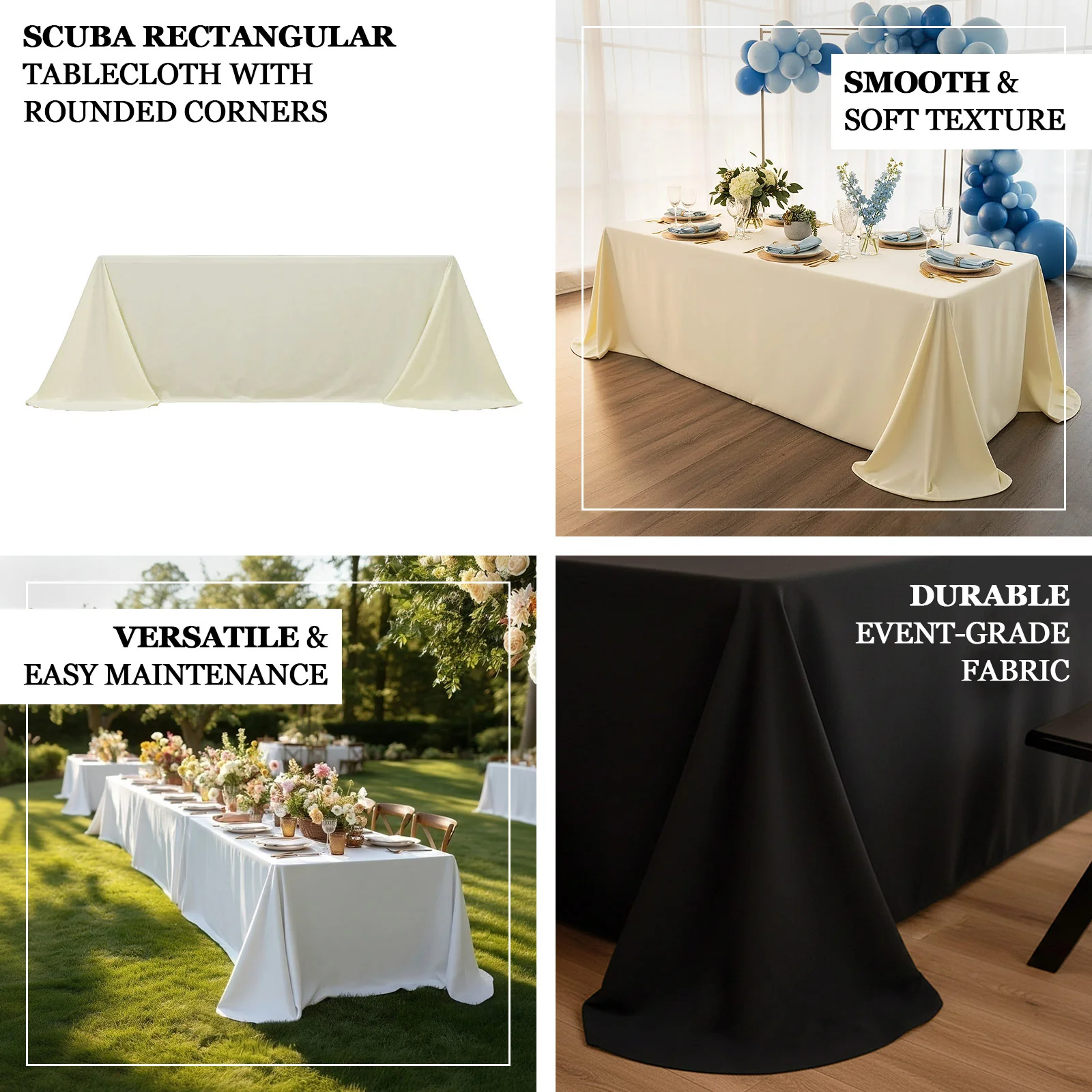 Scuba Rectangular 90"x132" Tablecloth Ivory with Rounded Corners – Seamless, Wrinkle Free & Stain Resistant Table Cover - Image 4