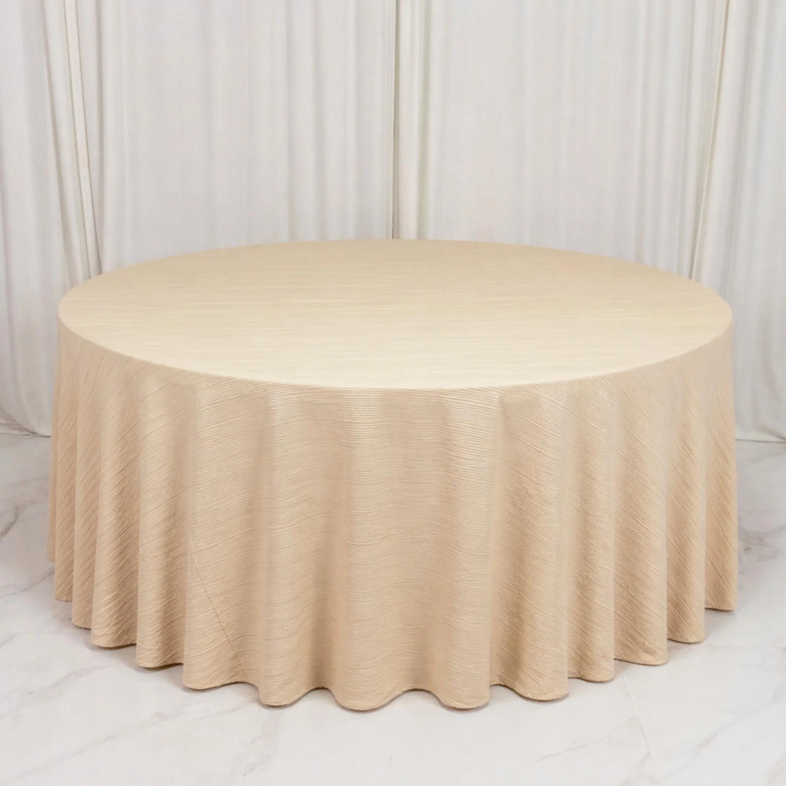 Accordion Pleated Scuba Tablecloth 120" Round Beige – Wrinkle Free & Stain Resistant Textured Table Linen - Image 2