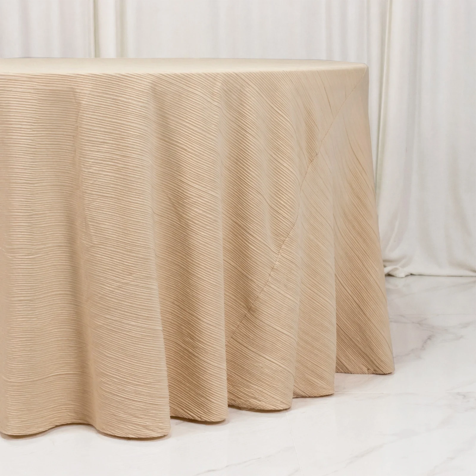 Accordion Pleated Scuba Tablecloth 120" Round Beige – Wrinkle Free & Stain Resistant Textured Table Linen - Image 3