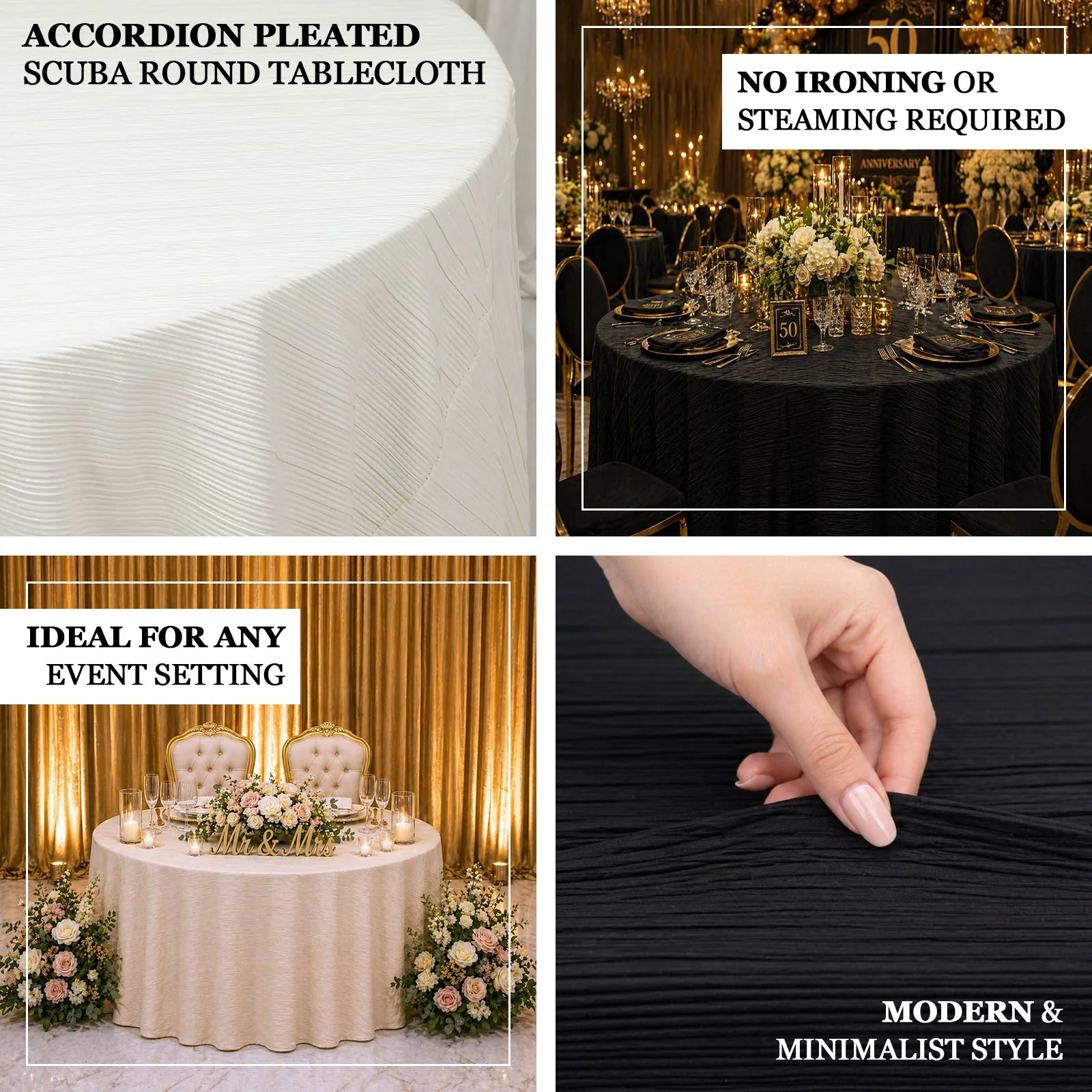Accordion Pleated Scuba Tablecloth 120" Round Beige – Wrinkle Free & Stain Resistant Textured Table Linen - Image 4