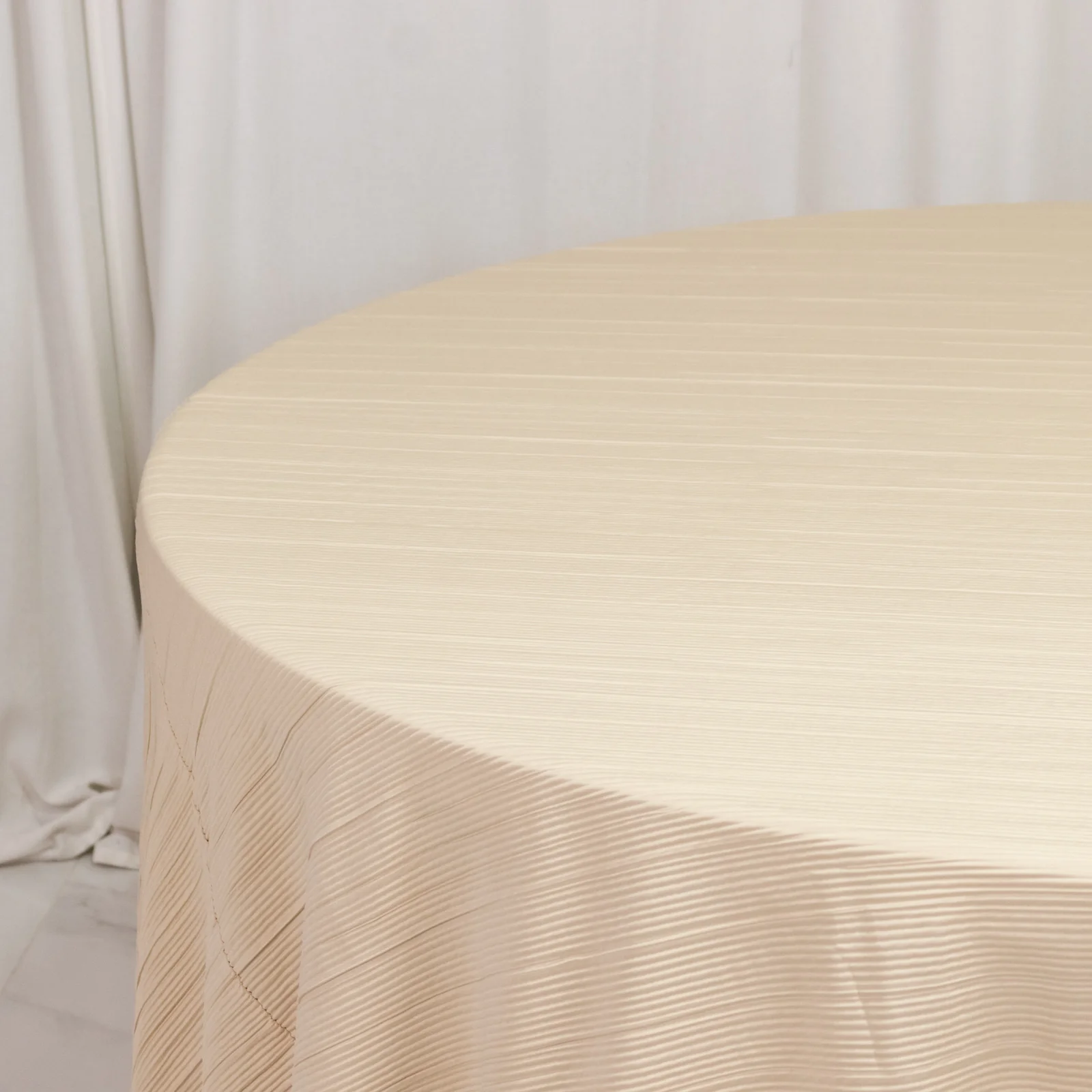Accordion Pleated Scuba Tablecloth 120" Round Beige – Wrinkle Free & Stain Resistant Textured Table Linen - Image 6