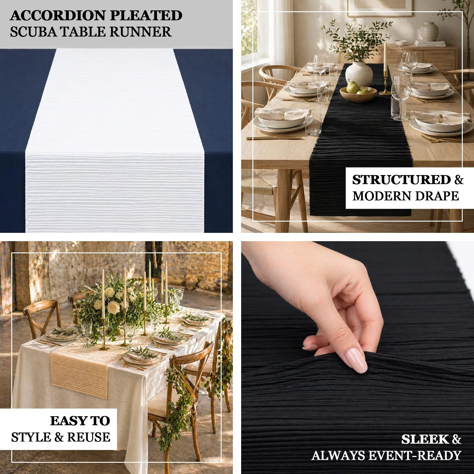 Accordion Pleated Scuba Table Runner 12" x 108" Black – Wrinkle Free & Stain Resistant Textured Table Accent - Image 4