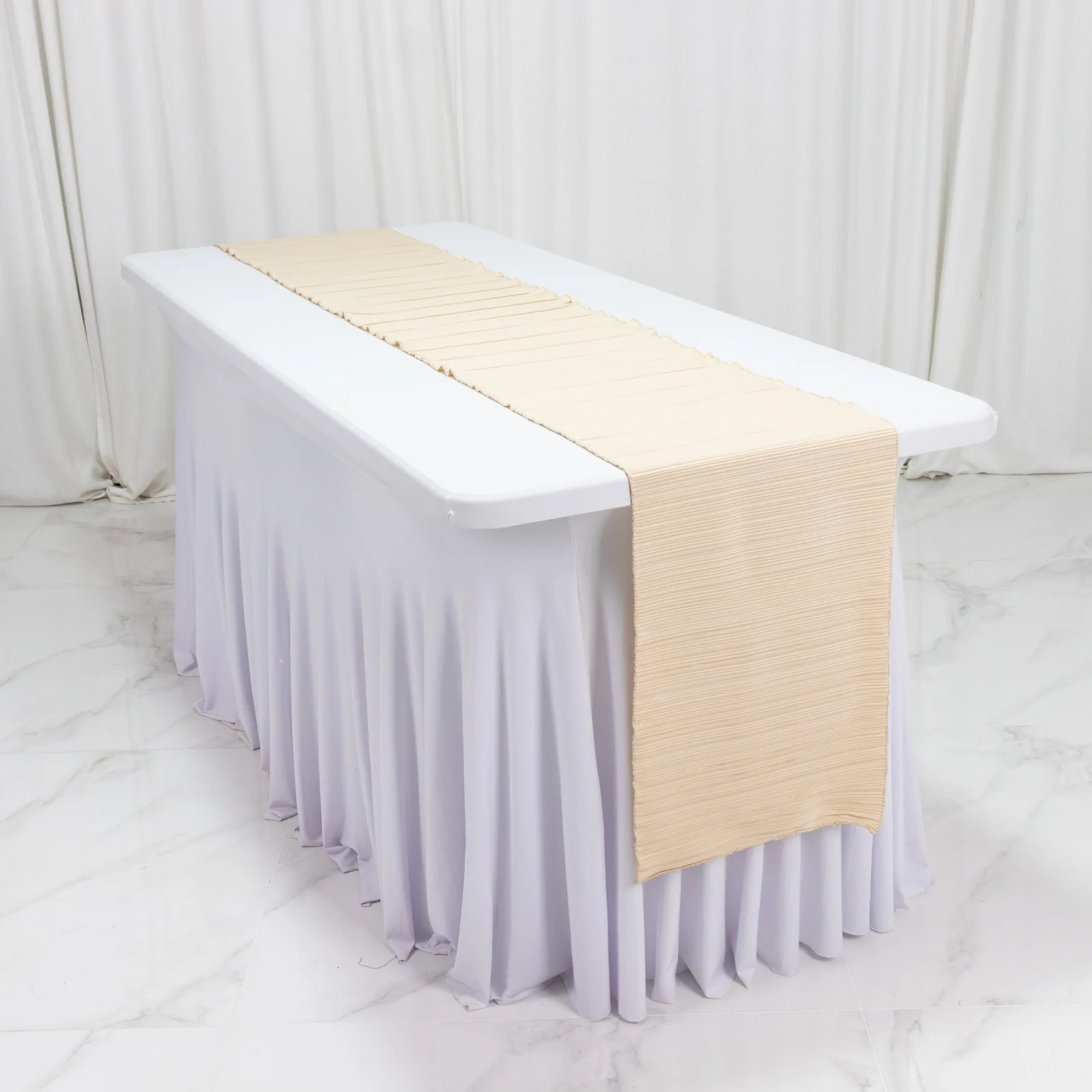 Accordion Pleated Scuba Table Runner 12" x 108" Beige – Wrinkle Free & Stain Resistant Textured Table Accent - Image 6