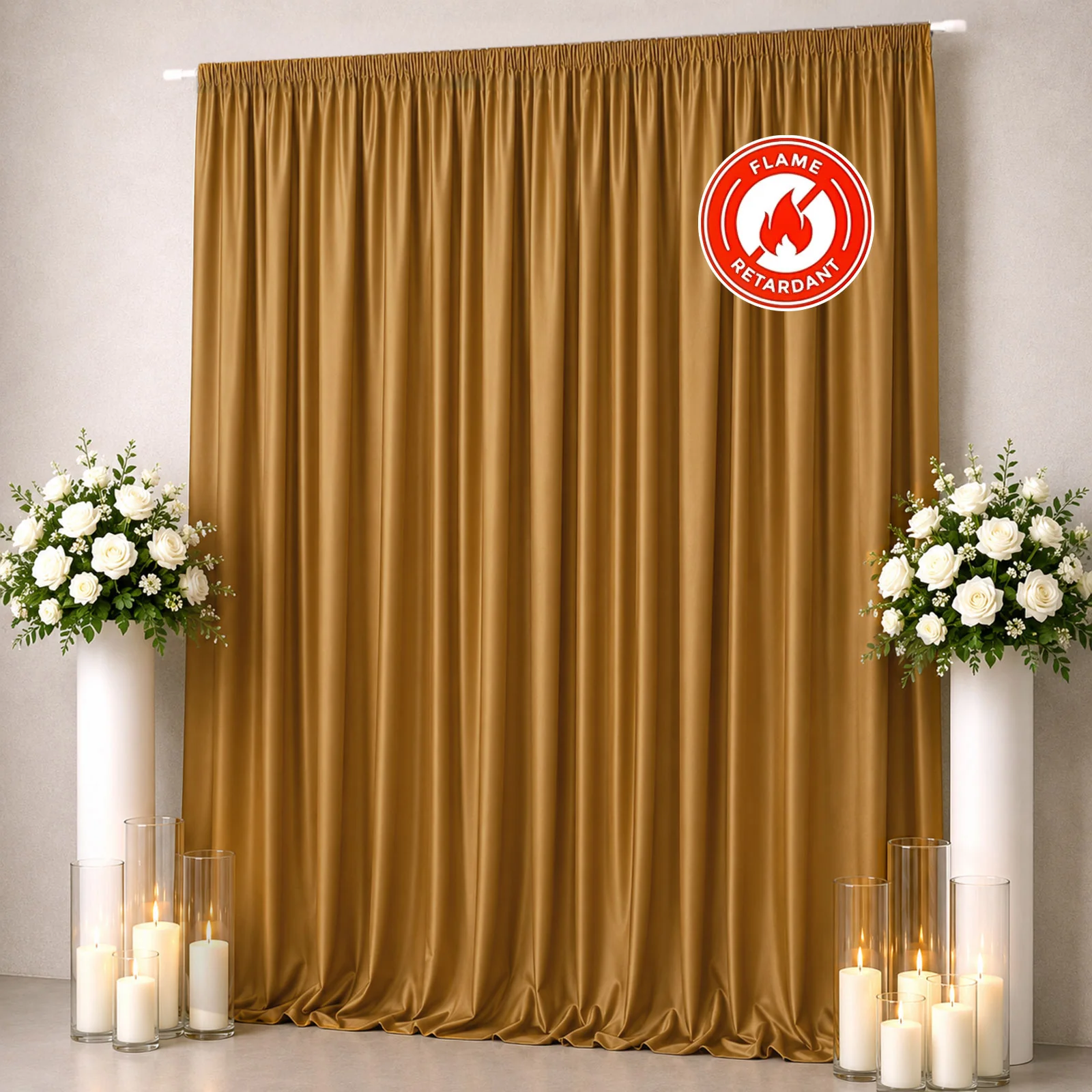 Scuba Polyester Event Backdrop Curtain Gold 10ftx12ft Durable Flame Resistant Wrinkle-Free Photography Drape Panel With Rod Pocket