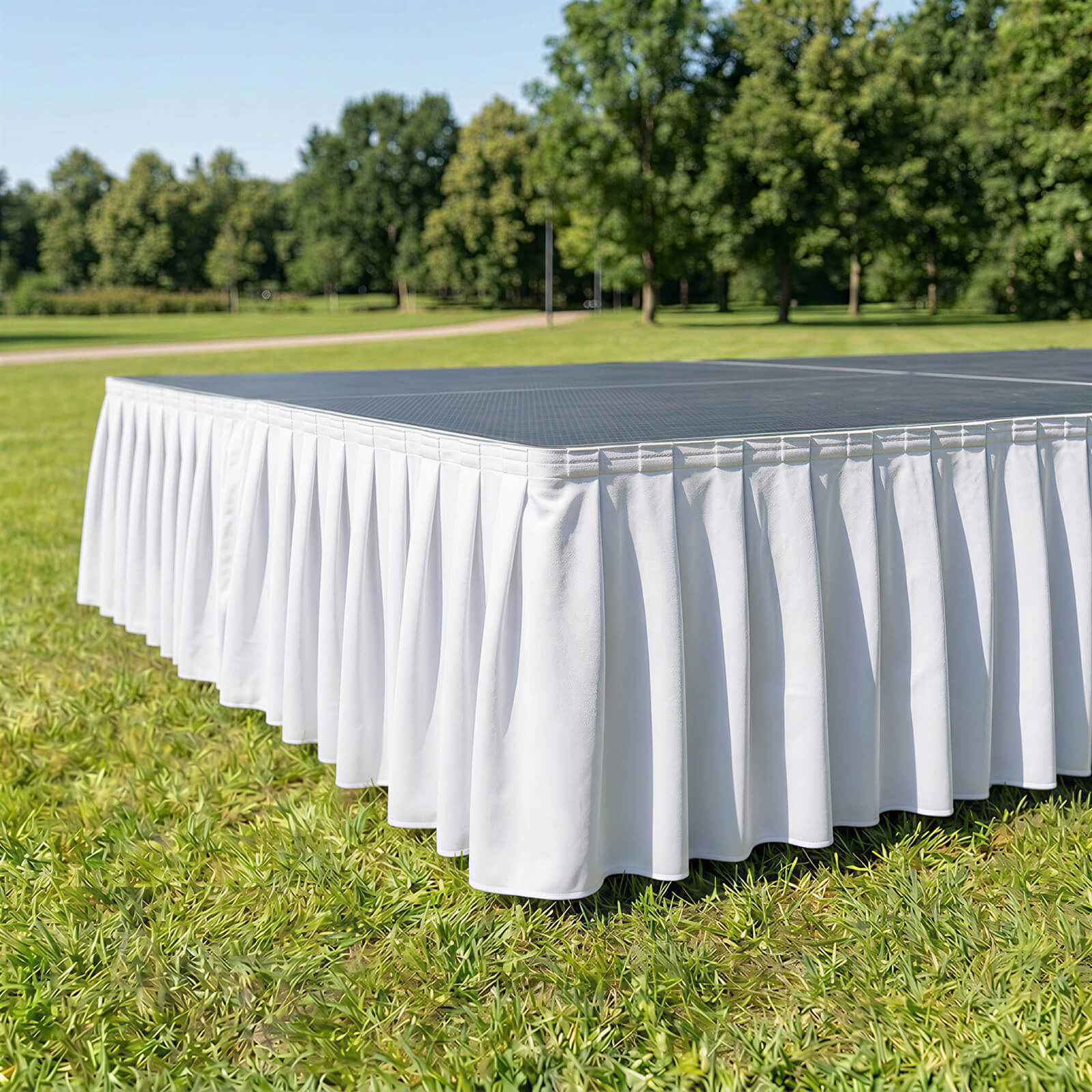 Portable Scuba Stage Skirt White Shirred Pleated Stage Cover for Wedding & Event Platforms - Wrinkle-Free, Stain Resistant - 16"x10ft