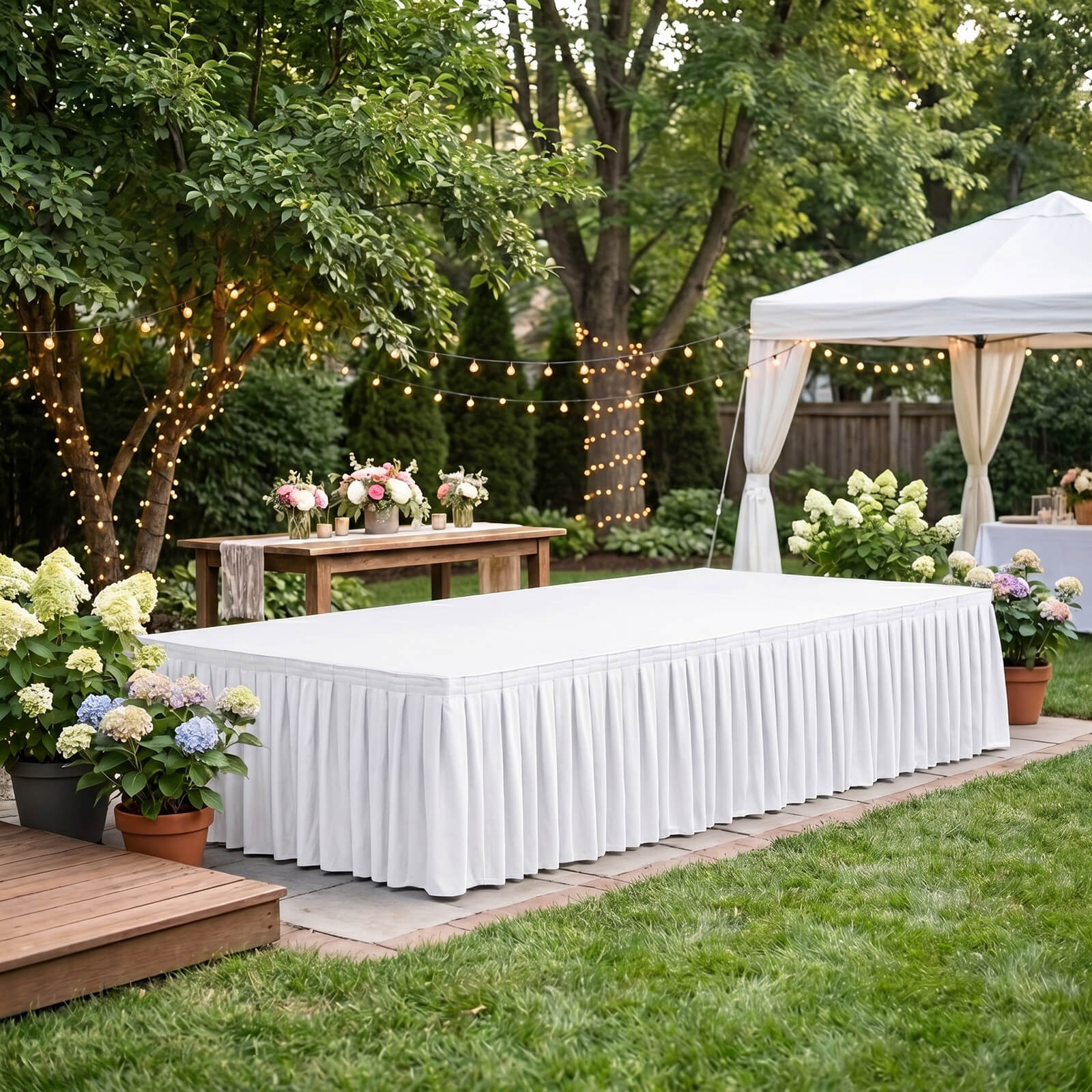 Portable Scuba Stage Skirt White Shirred Pleated Stage Cover for Wedding & Event Platforms - Wrinkle-Free, Stain Resistant - 24"x20ft