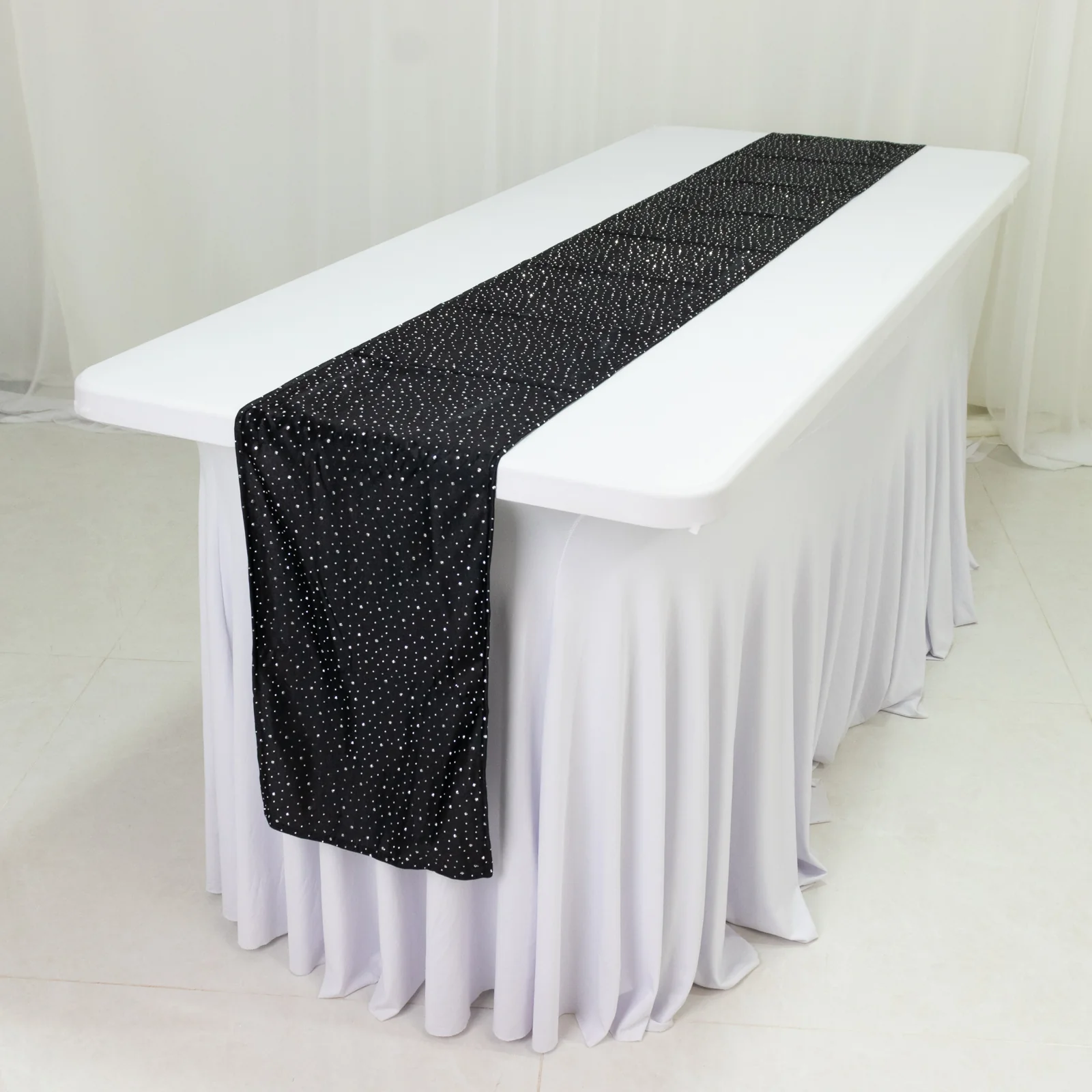 Black Scuba Table Runner with Rhinestone Accents - 12"x108" Wrinkle-Free Table Linen - Image 2