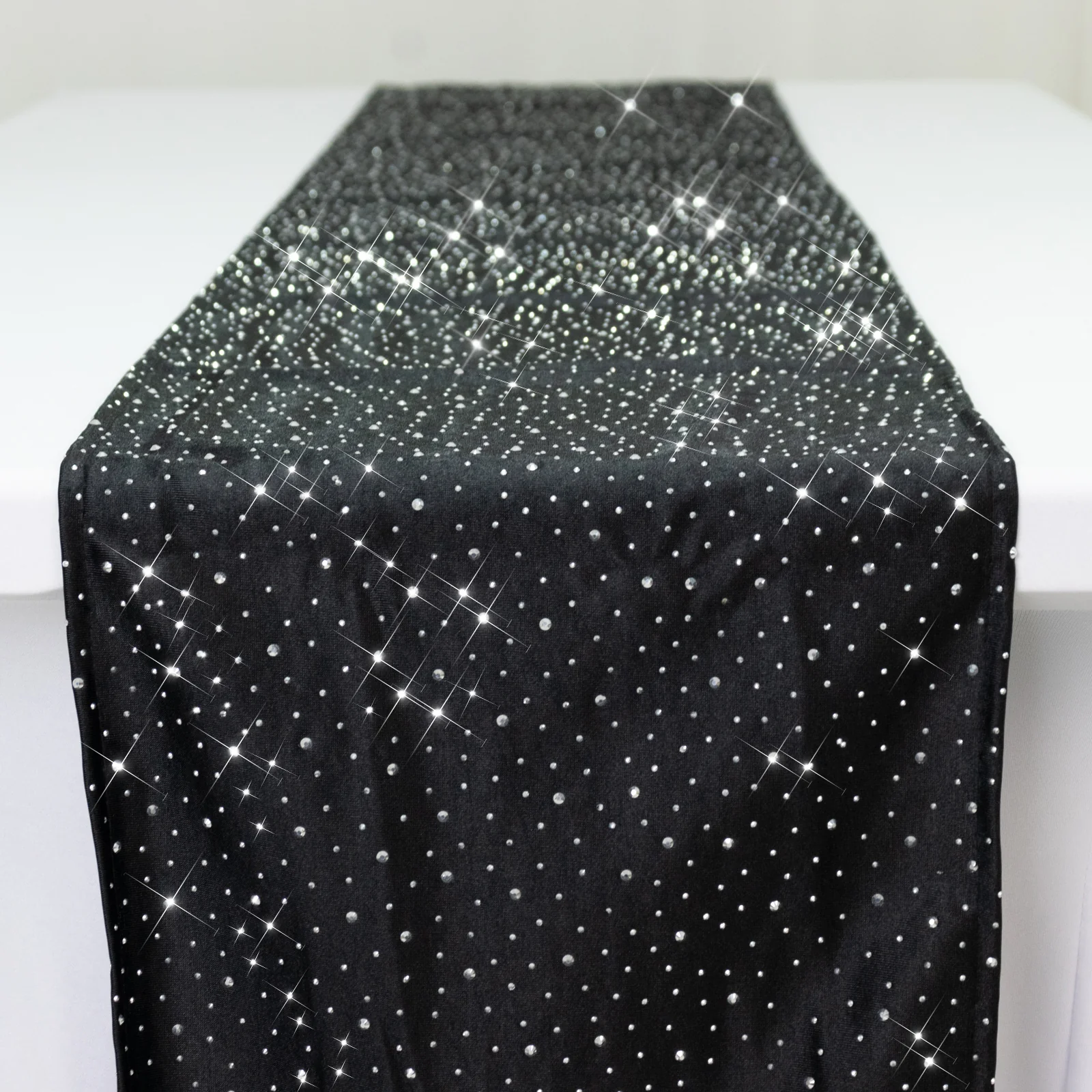 Black Scuba Table Runner with Rhinestone Accents - 12"x108" Wrinkle-Free Table Linen - Image 3