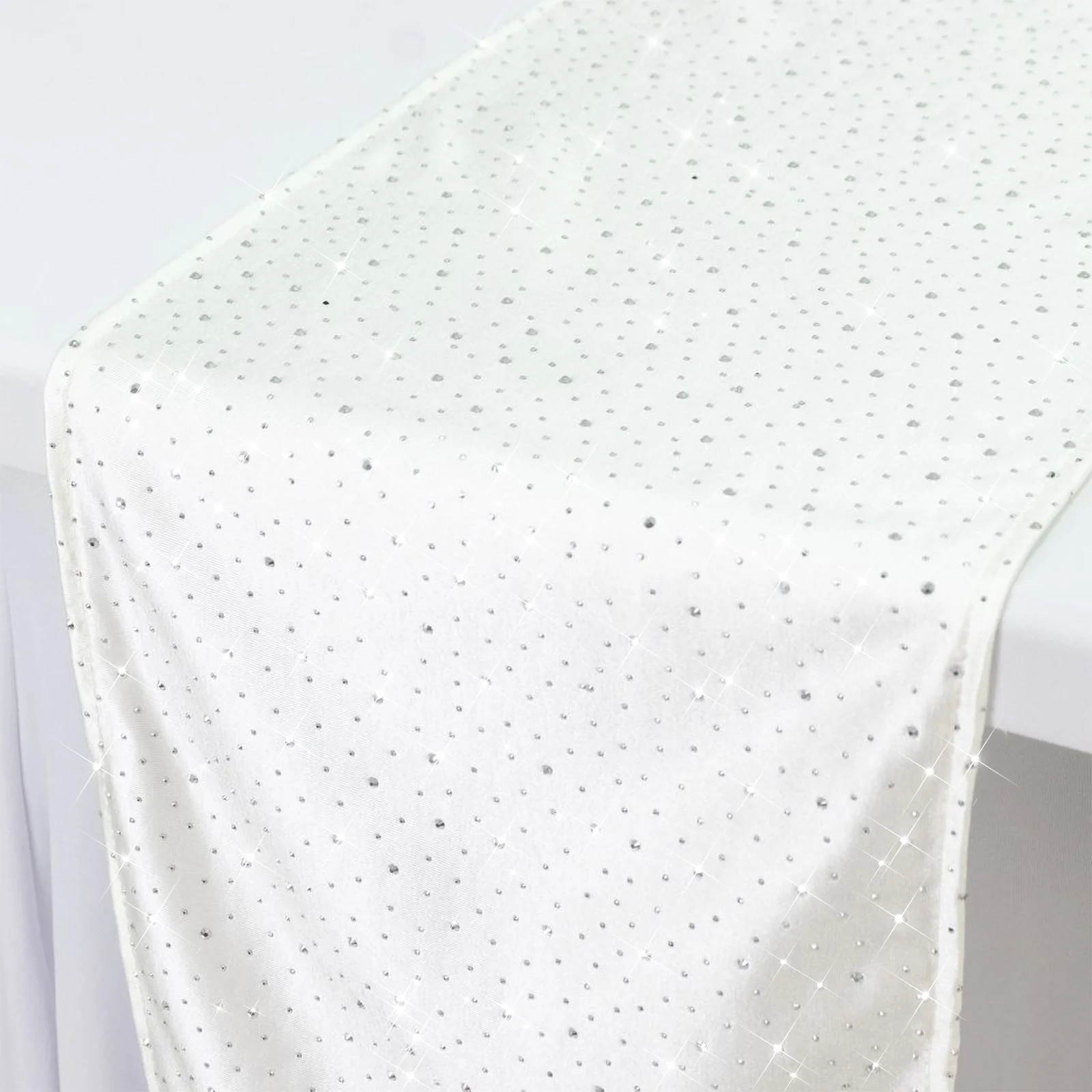 Pearl White Scuba Table Runner with Rhinestone Accents - 12"x108" Wrinkle-Free Table Linen