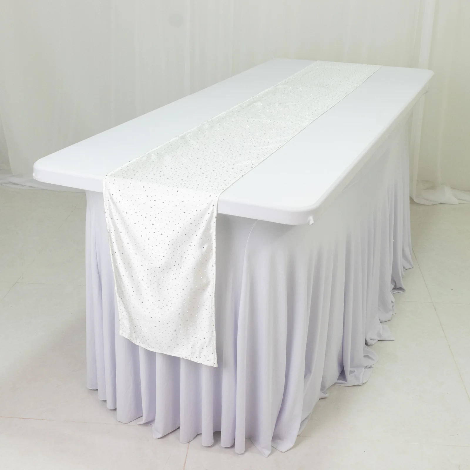 Pearl White Scuba Table Runner with Rhinestone Accents - 12"x108" Wrinkle-Free Table Linen - Image 3