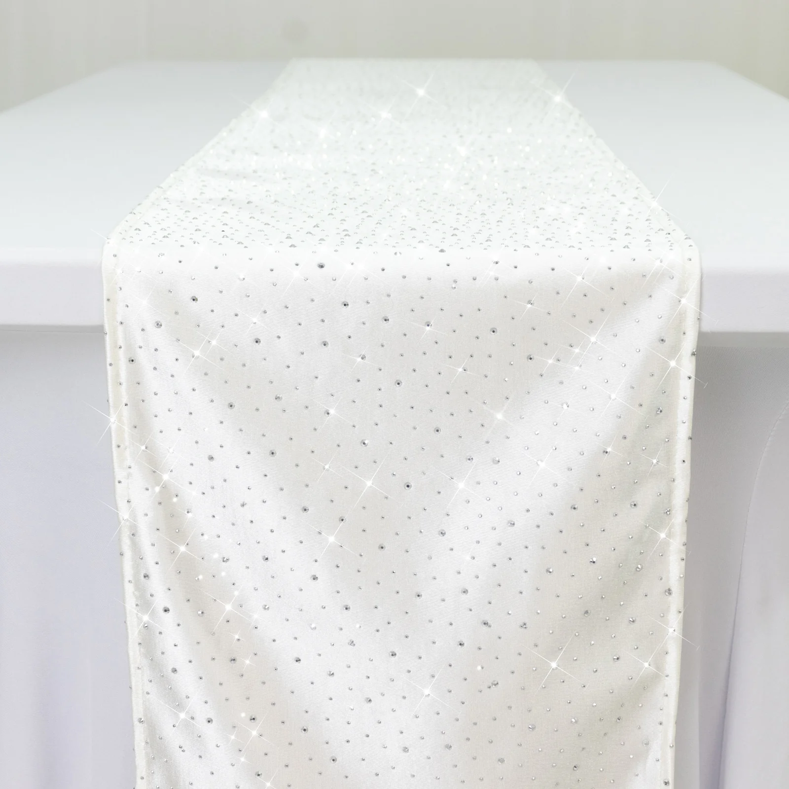 Pearl White Scuba Table Runner with Rhinestone Accents - 12"x108" Wrinkle-Free Table Linen - Image 4