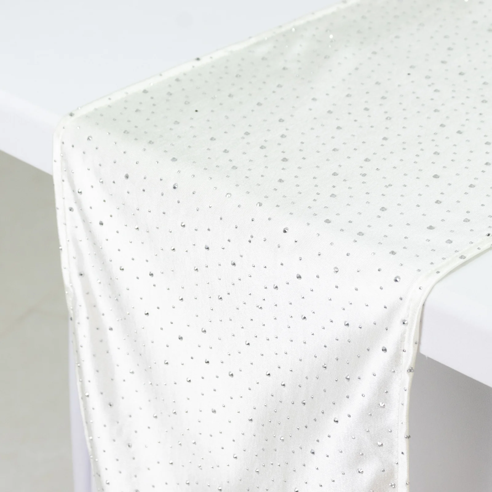 Pearl White Scuba Table Runner with Rhinestone Accents - 12"x108" Wrinkle-Free Table Linen - Image 5