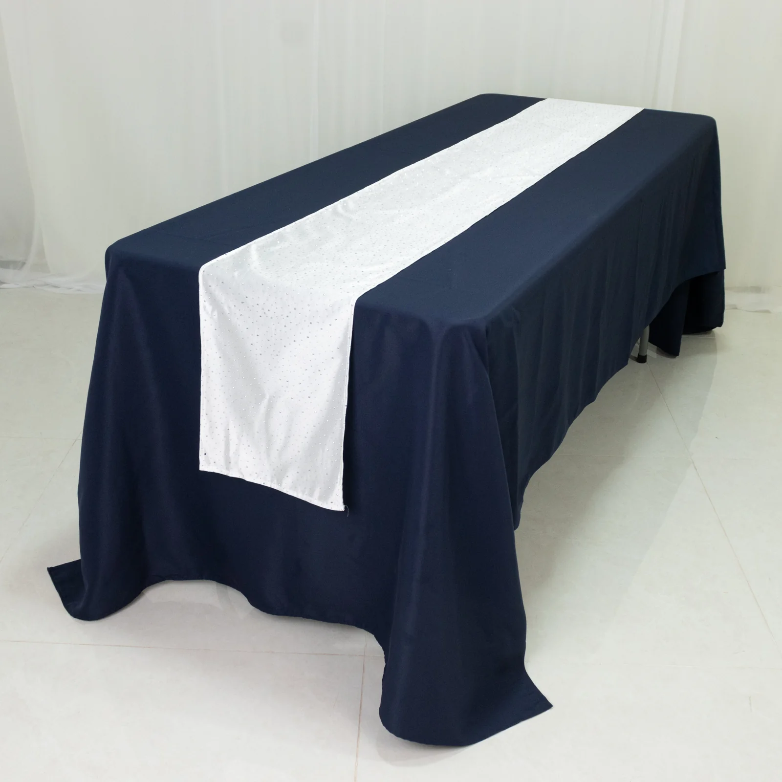 White Scuba Table Runner with Rhinestone Accents - 12"x108" Wrinkle-Free Table Linen - Image 4
