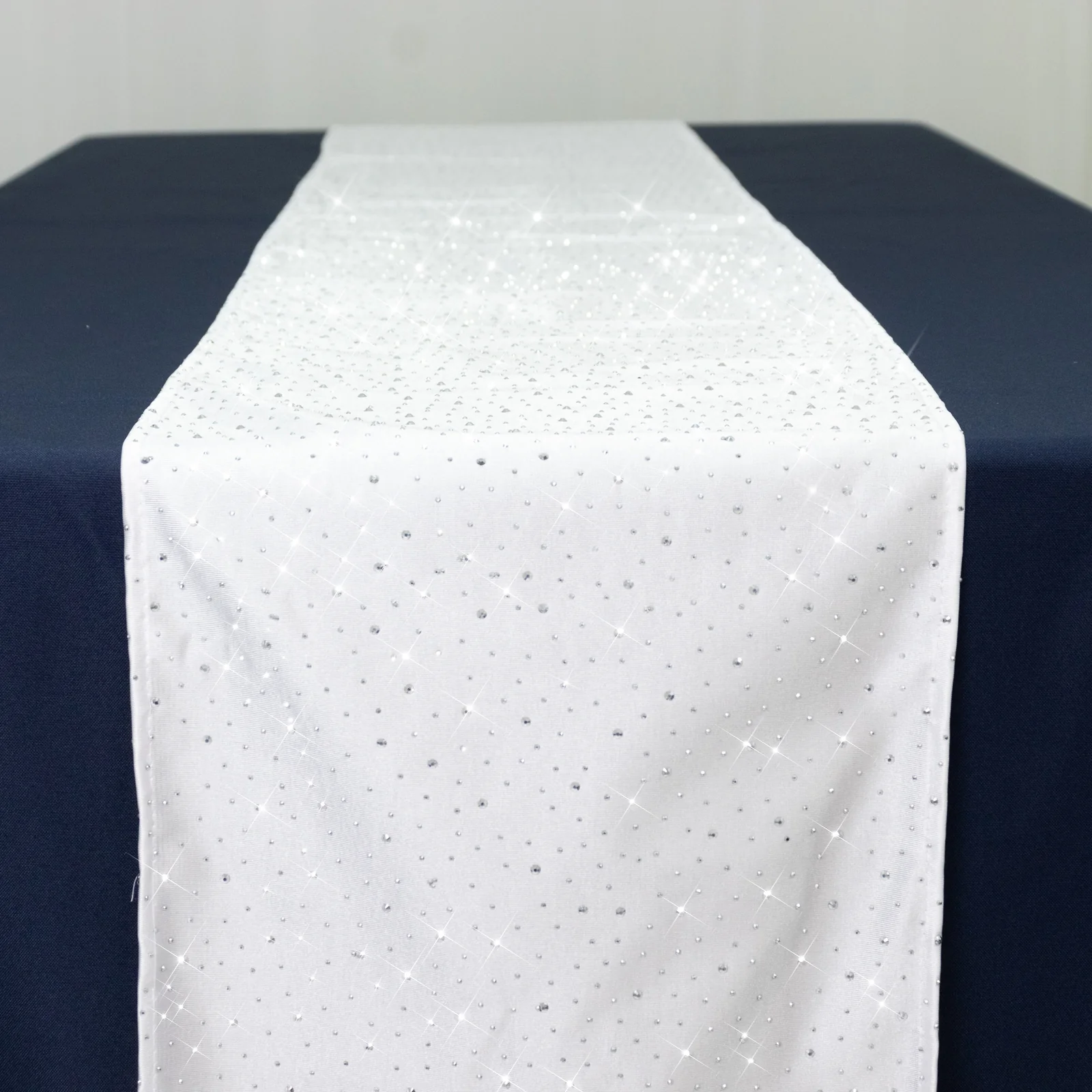 White Scuba Table Runner with Rhinestone Accents - 12"x108" Wrinkle-Free Table Linen - Image 5
