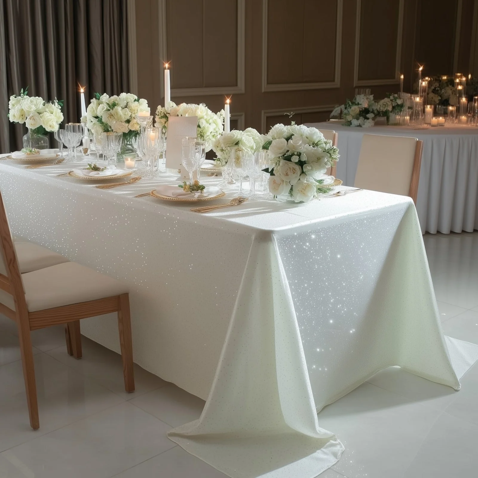 Scuba Rectangular Tablecloth 90"×132" Pearl White with Rhinestone Accents – Seamless, Wrinkle-Free, Stain-Resistant Event Linen - Image 5