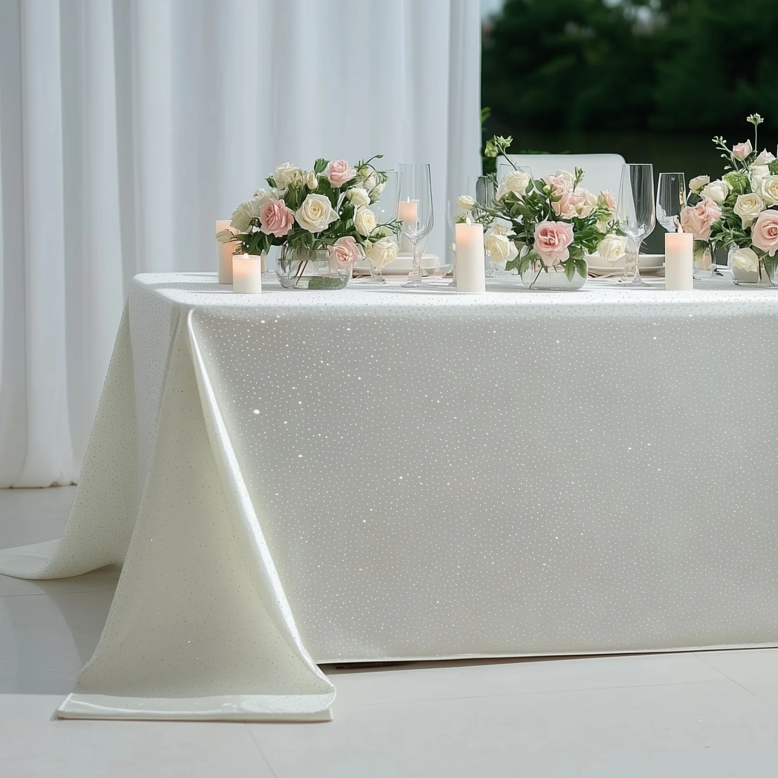 Scuba Rectangular Tablecloth 90"×156" Pearl White with Rhinestone Accents – Seamless, Wrinkle-Free, Stain-Resistant Event Linen - Image 5