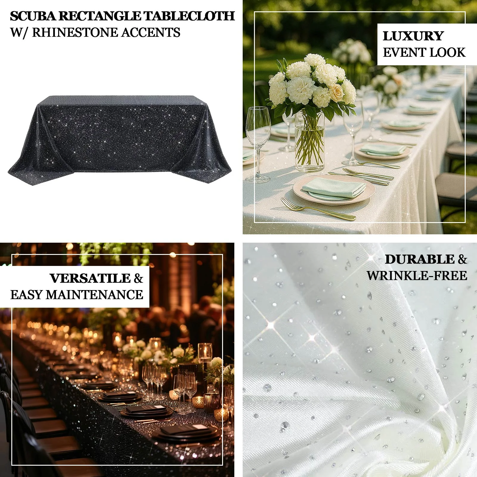 Scuba Rectangular Tablecloth 90"×156" Black with Rhinestone Accents – Seamless, Wrinkle-Free, Stain-Resistant Event Linen - Image 3