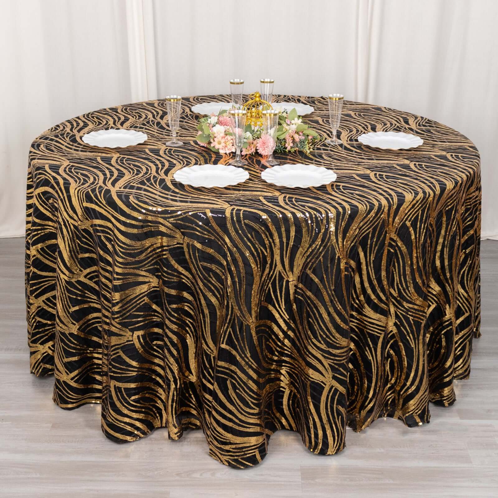 Sequin Mesh 120" Round Tablecloth Black/Gold - Seamless Wave Embroidered Table Cover - Image 2