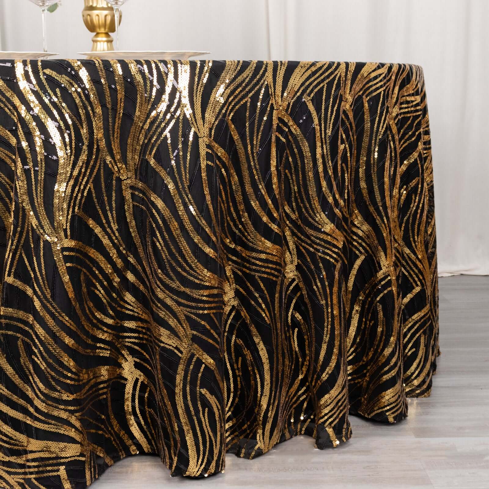 Sequin Mesh 120" Round Tablecloth Black/Gold - Seamless Wave Embroidered Table Cover - Image 3