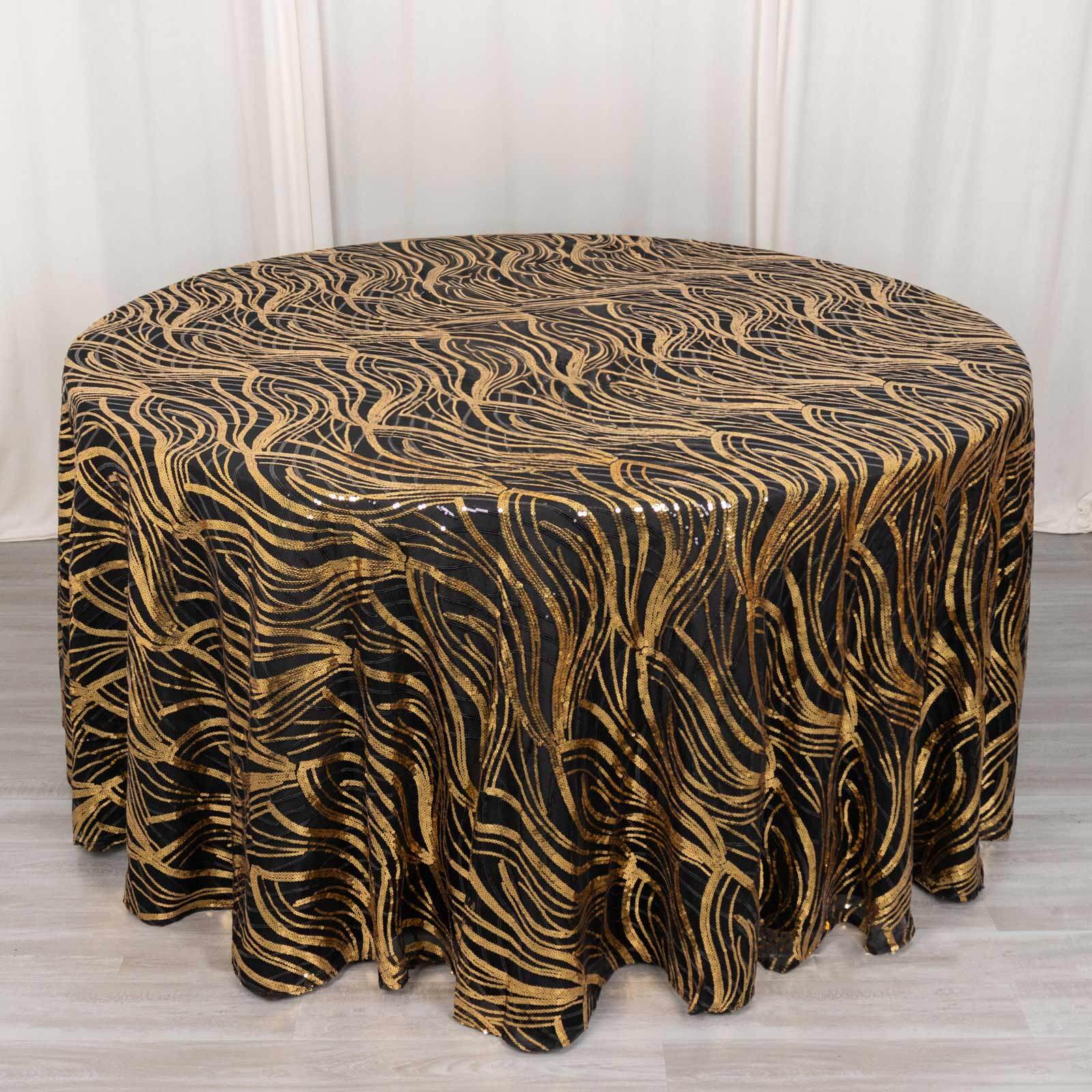 Sequin Mesh 120" Round Tablecloth Black/Gold - Seamless Wave Embroidered Table Cover - Image 4