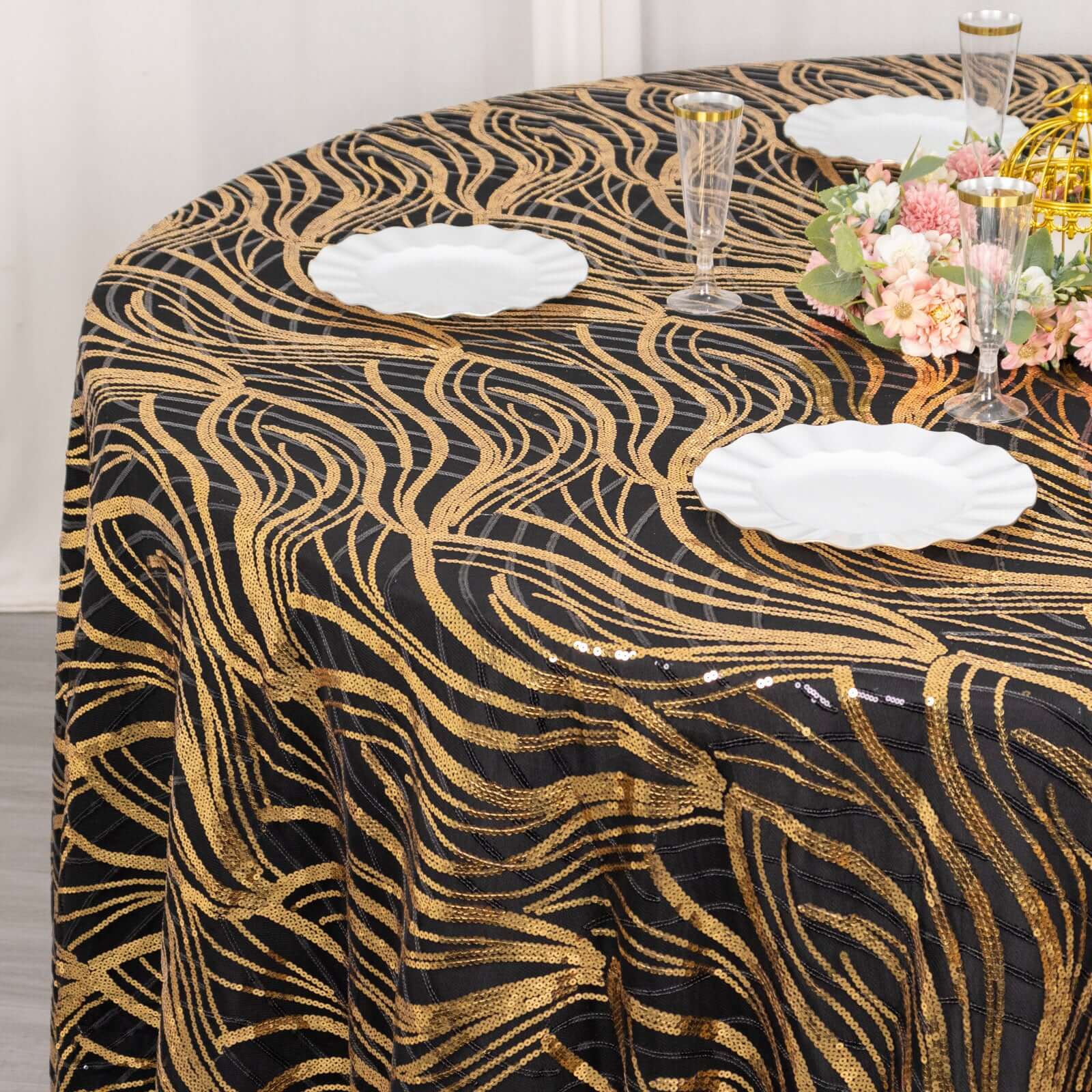 Sequin Mesh 120" Round Tablecloth Black/Gold - Seamless Wave Embroidered Table Cover - Image 5