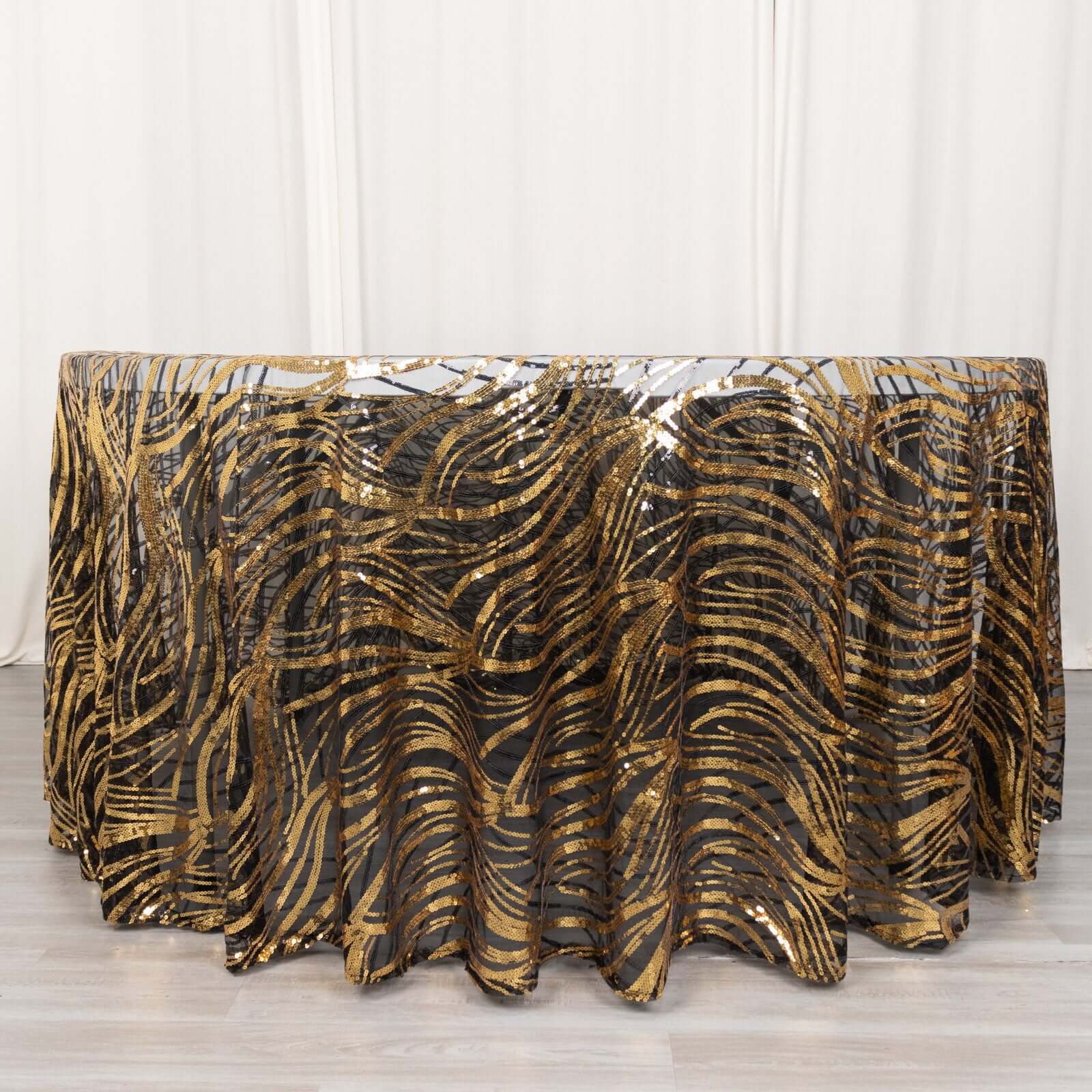 Sequin Mesh 120" Round Tablecloth Black/Gold - Seamless Wave Embroidered Table Cover - Image 7