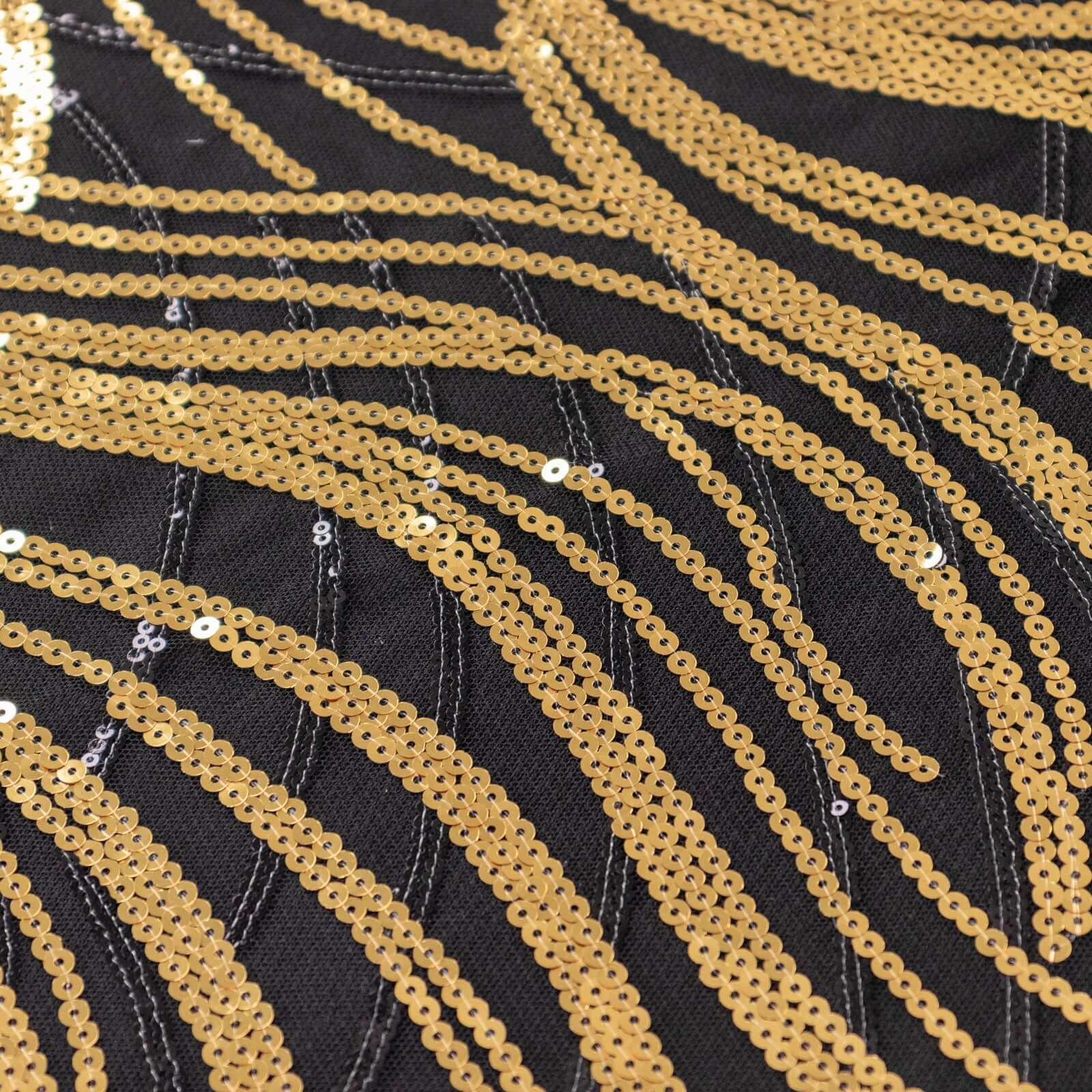 Sequin Mesh 120" Round Tablecloth Black/Gold - Seamless Wave Embroidered Table Cover - Image 8