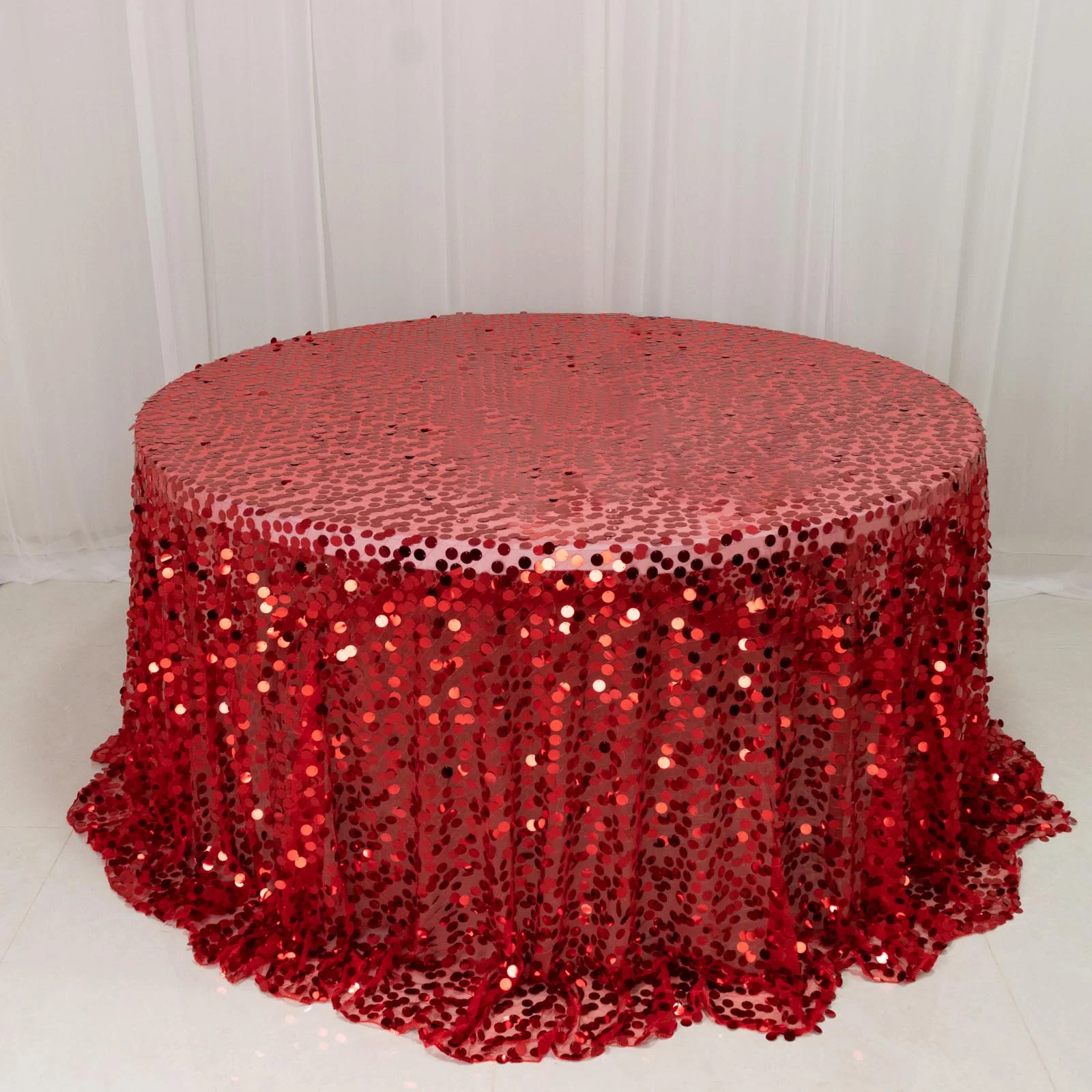 Sequin 132" Round Tablecloth Red - Big Payette Table Cover - Image 3