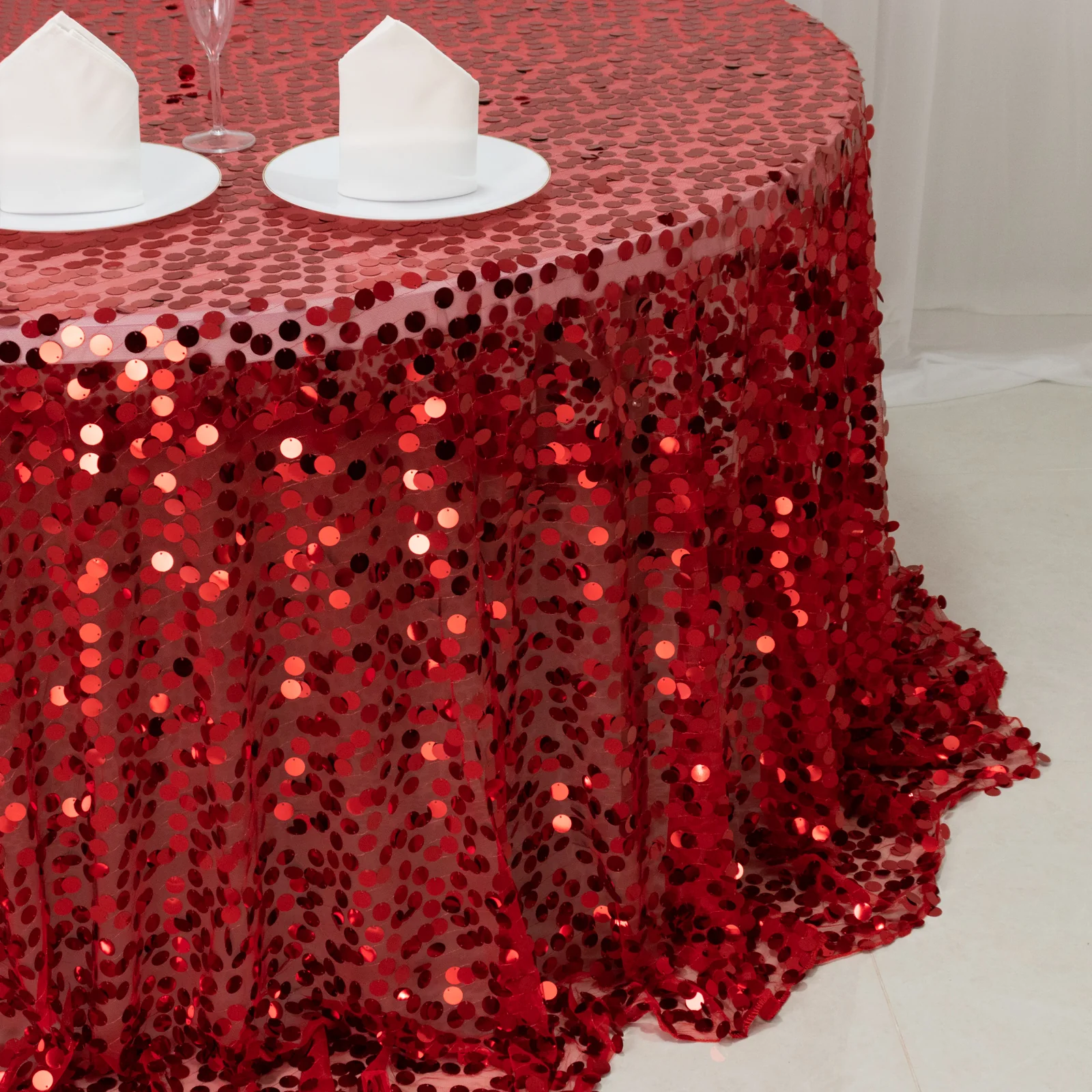 Sequin 132" Round Tablecloth Red - Big Payette Table Cover - Image 6