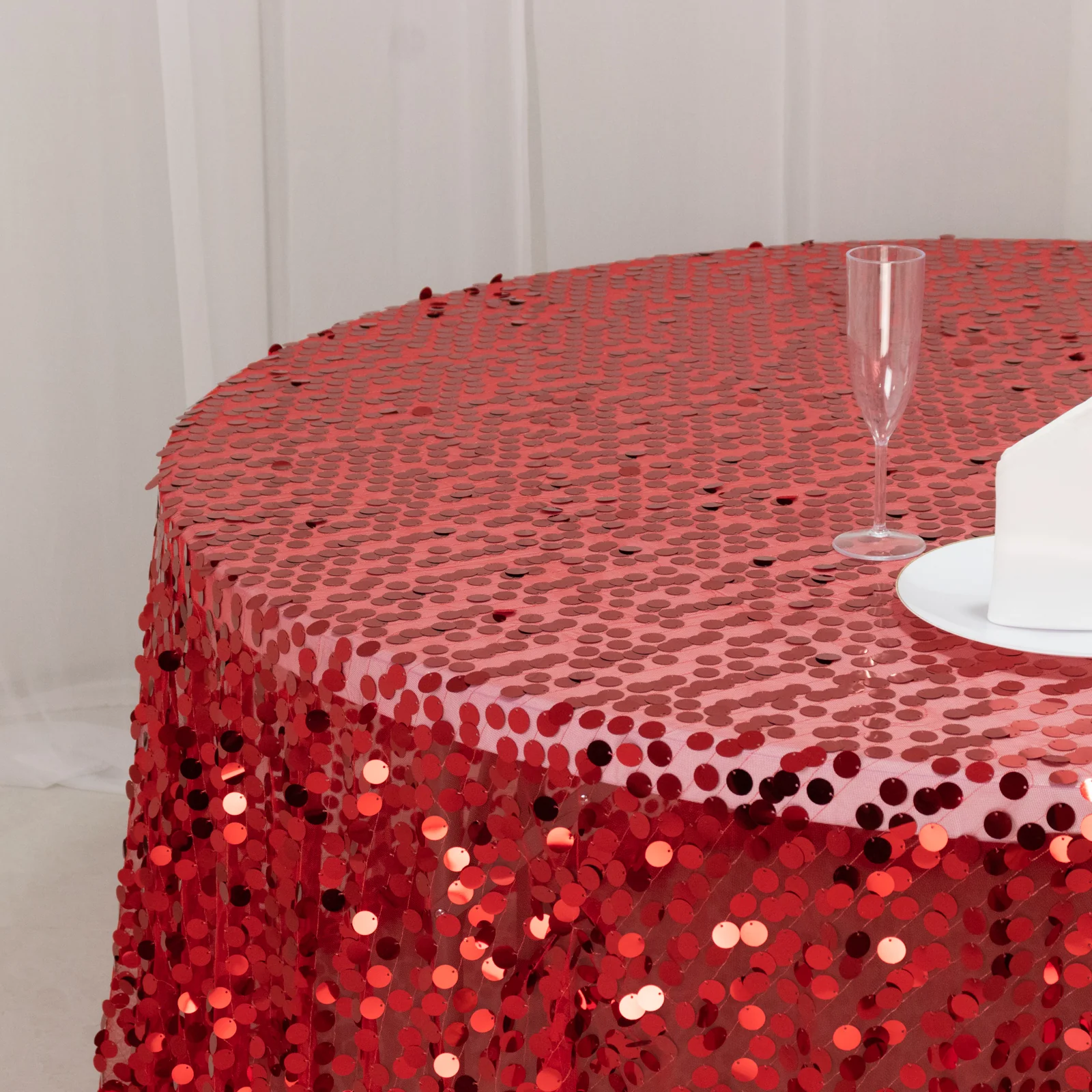 Sequin 132" Round Tablecloth Red - Big Payette Table Cover - Image 8