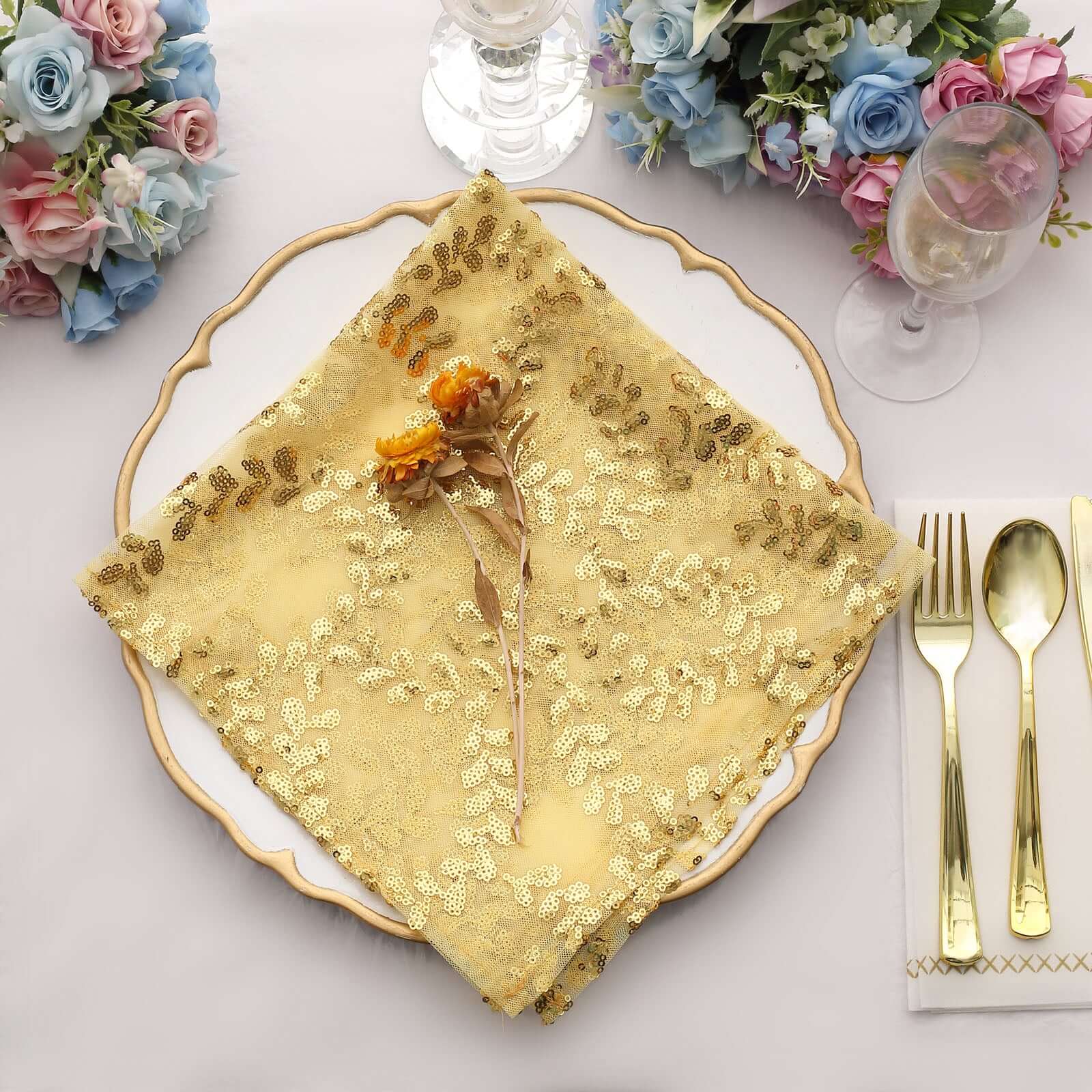 Sequin Tulle 20"x20" Napkin Gold Embroidered Leaf Vine Pattern - Shimmering Event Decor - Image 2