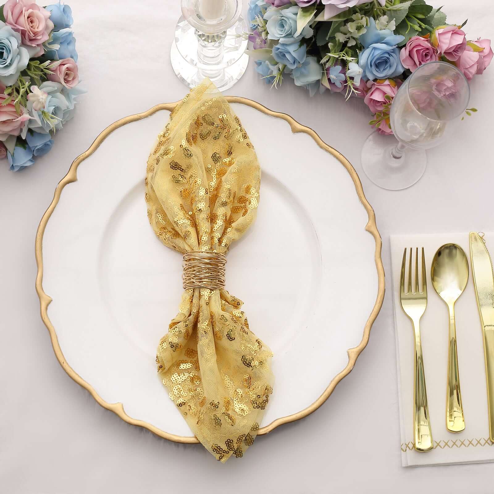 Sequin Tulle 20"x20" Napkin Gold Embroidered Leaf Vine Pattern - Shimmering Event Decor - Image 4