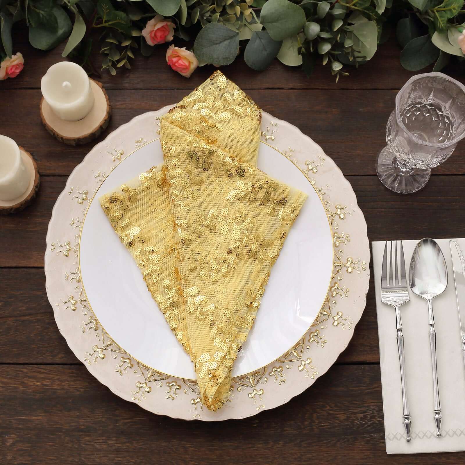 Sequin Tulle 20"x20" Napkin Gold Embroidered Leaf Vine Pattern - Shimmering Event Decor - Image 8