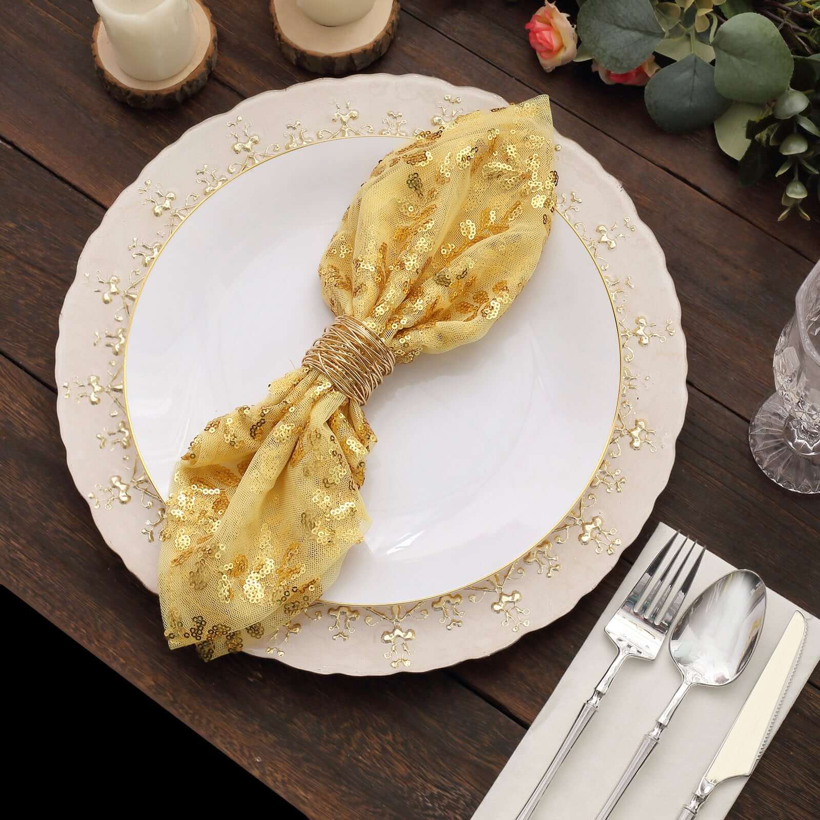 Sequin Tulle 20"x20" Napkin Gold Embroidered Leaf Vine Pattern - Shimmering Event Decor - Image 9