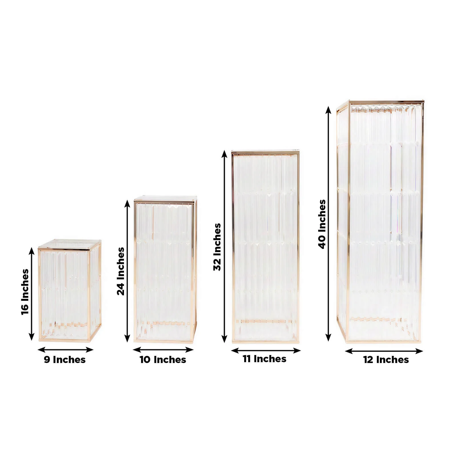 Gold Metal Pedestal Stands – Set of 4 Pre-Assembled Rectangular Cake and Floral Display Risers with Acrylic Top & Crystal Pendant Strip Chains – 16", 24", 32", 40" - Image 3
