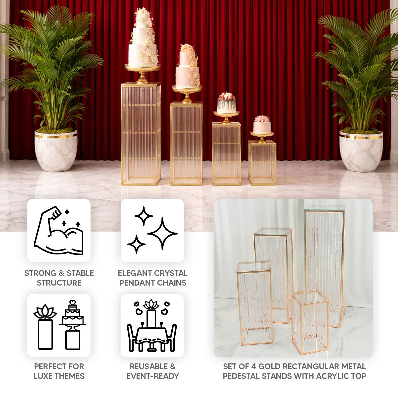 Gold Metal Pedestal Stands – Set of 4 Pre-Assembled Rectangular Cake and Floral Display Risers with Acrylic Top & Crystal Pendant Strip Chains – 16", 24", 32", 40" - Image 4